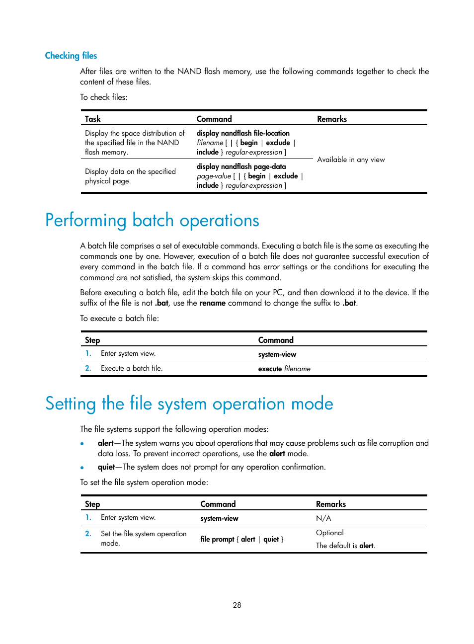 Checking files, Performing batch operations, Setting the file system operation mode | H3C Technologies H3C SecPath F1000-E User Manual | Page 39 / 234