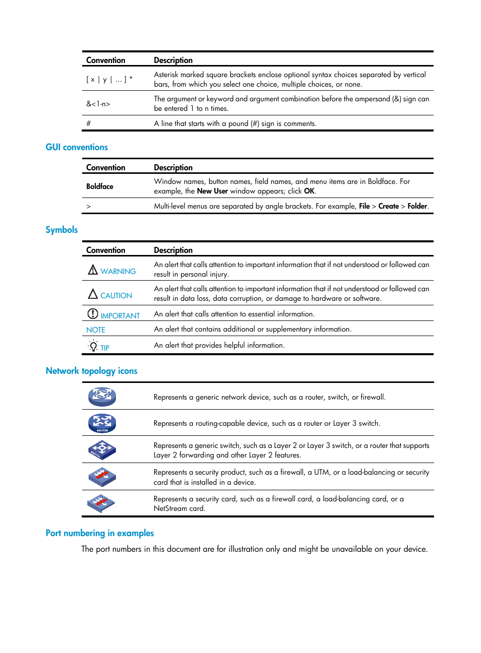 Gui conventions, Symbols, Network topology icons | Port numbering in examples | H3C Technologies H3C SecPath F1000-E User Manual | Page 4 / 234