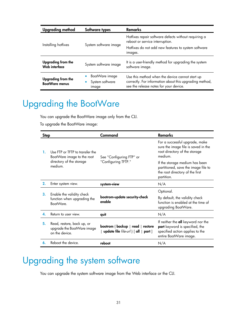 Upgrading the bootware, Upgrading the system software | H3C Technologies H3C SecPath F1000-E User Manual | Page 42 / 234