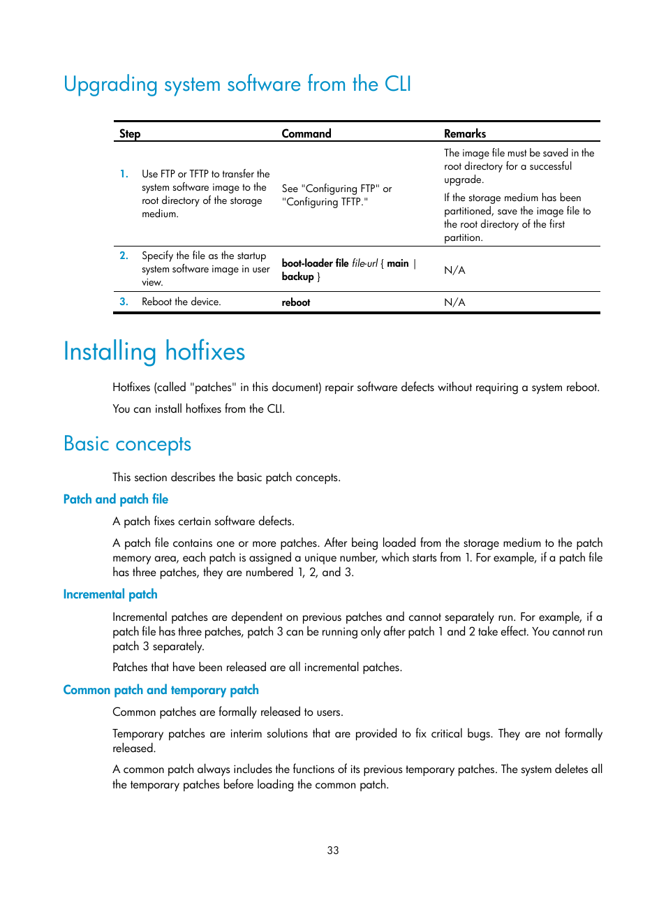 Upgrading system software from the cli, Installing hotfixes, Basic concepts | Patch and patch file, Incremental patch, Common patch and temporary patch | H3C Technologies H3C SecPath F1000-E User Manual | Page 44 / 234