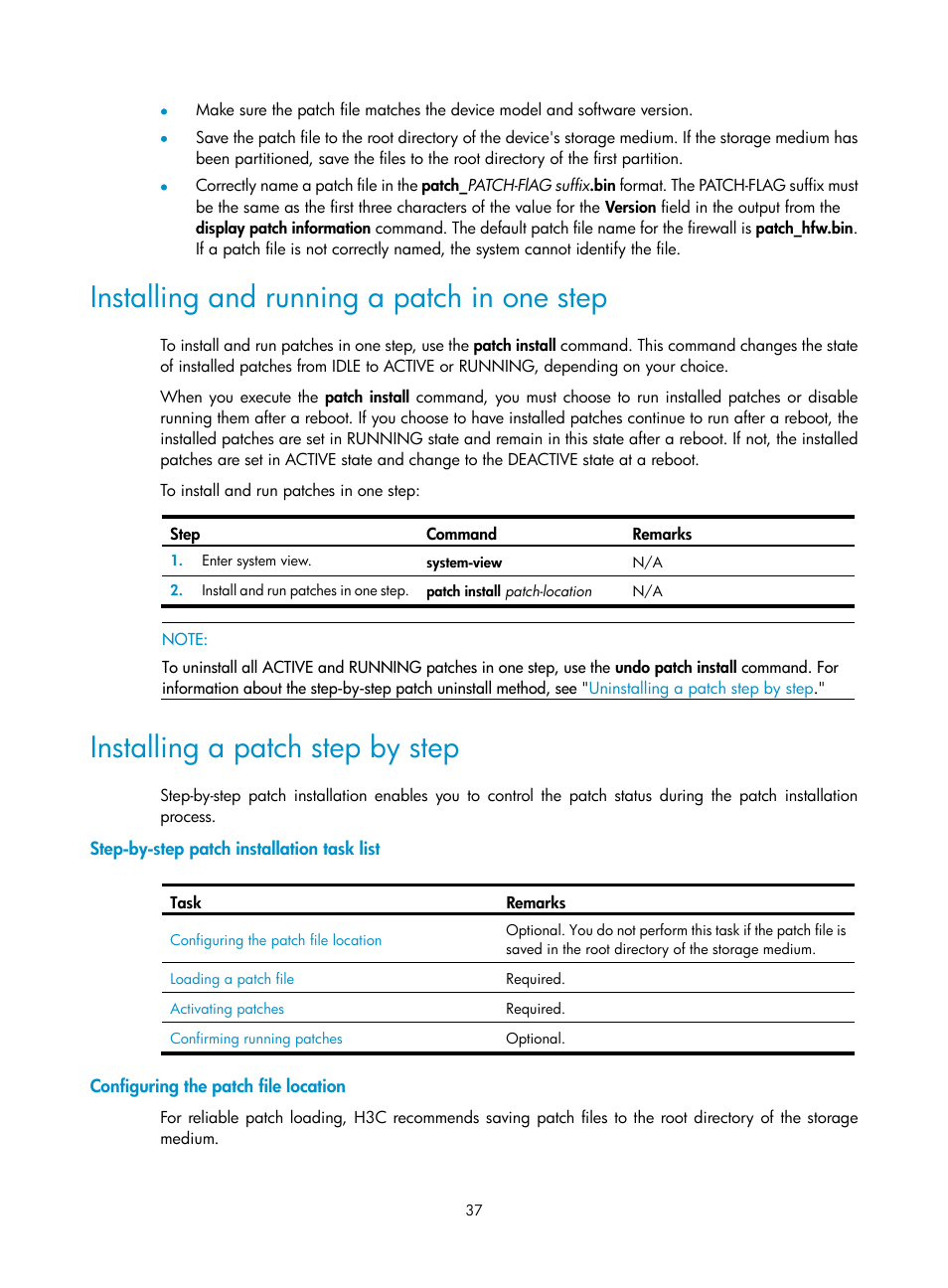 Installing and running a patch in one step, Installing a patch step by step, Step-by-step patch installation task list | Configuring the patch file location | H3C Technologies H3C SecPath F1000-E User Manual | Page 48 / 234