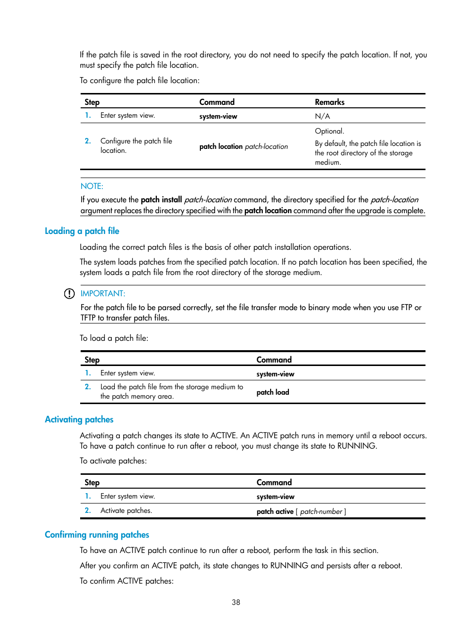 Loading a patch file, Activating patches, Confirming running patches | H3C Technologies H3C SecPath F1000-E User Manual | Page 49 / 234