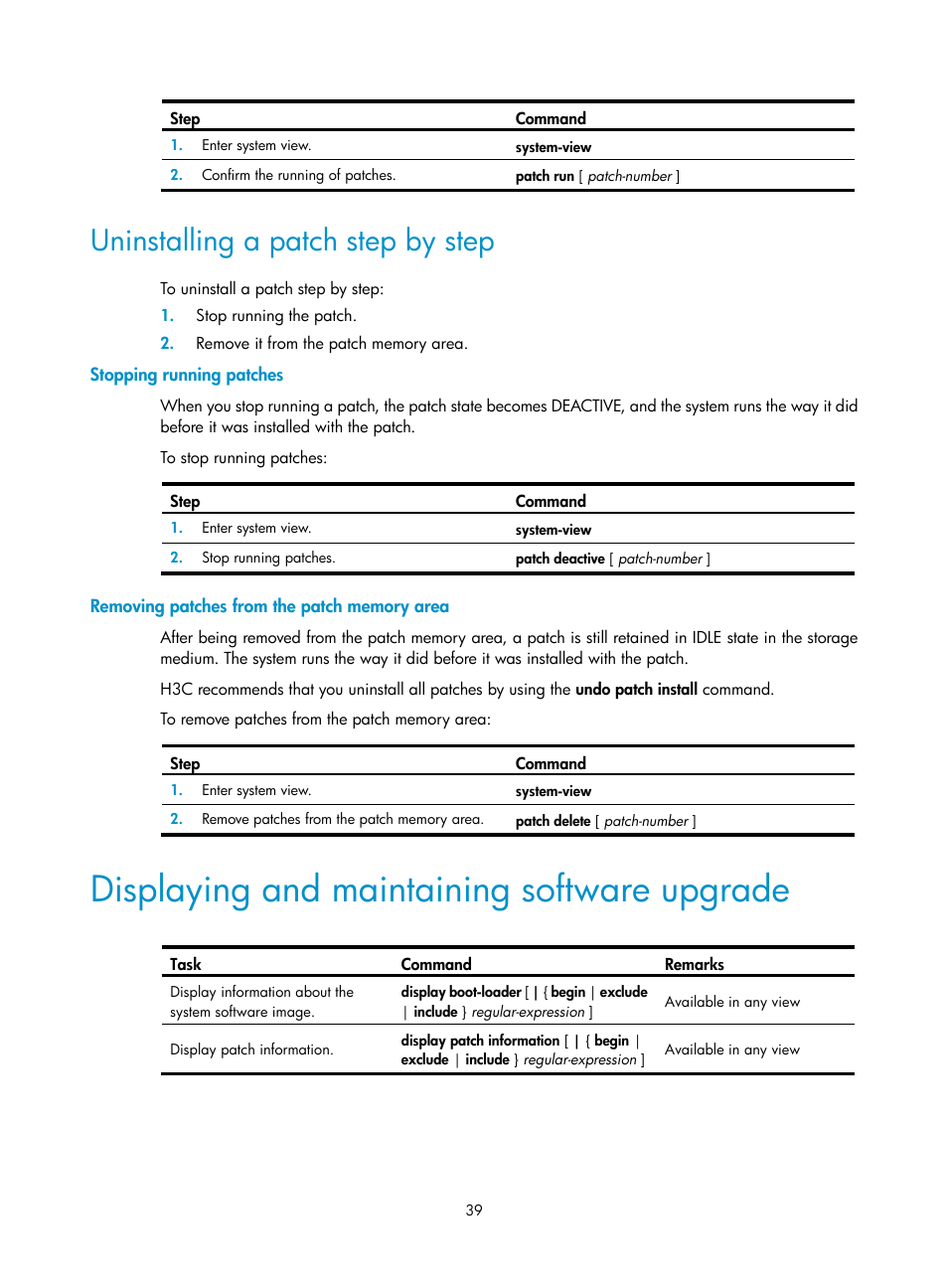 Uninstalling a patch step by step, Stopping running patches, Removing patches from the patch memory area | Displaying and maintaining software upgrade | H3C Technologies H3C SecPath F1000-E User Manual | Page 50 / 234