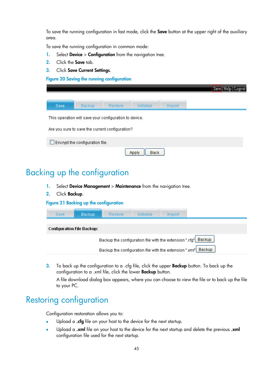 Backing up the configuration, Restoring configuration | H3C Technologies H3C SecPath F1000-E User Manual | Page 56 / 234