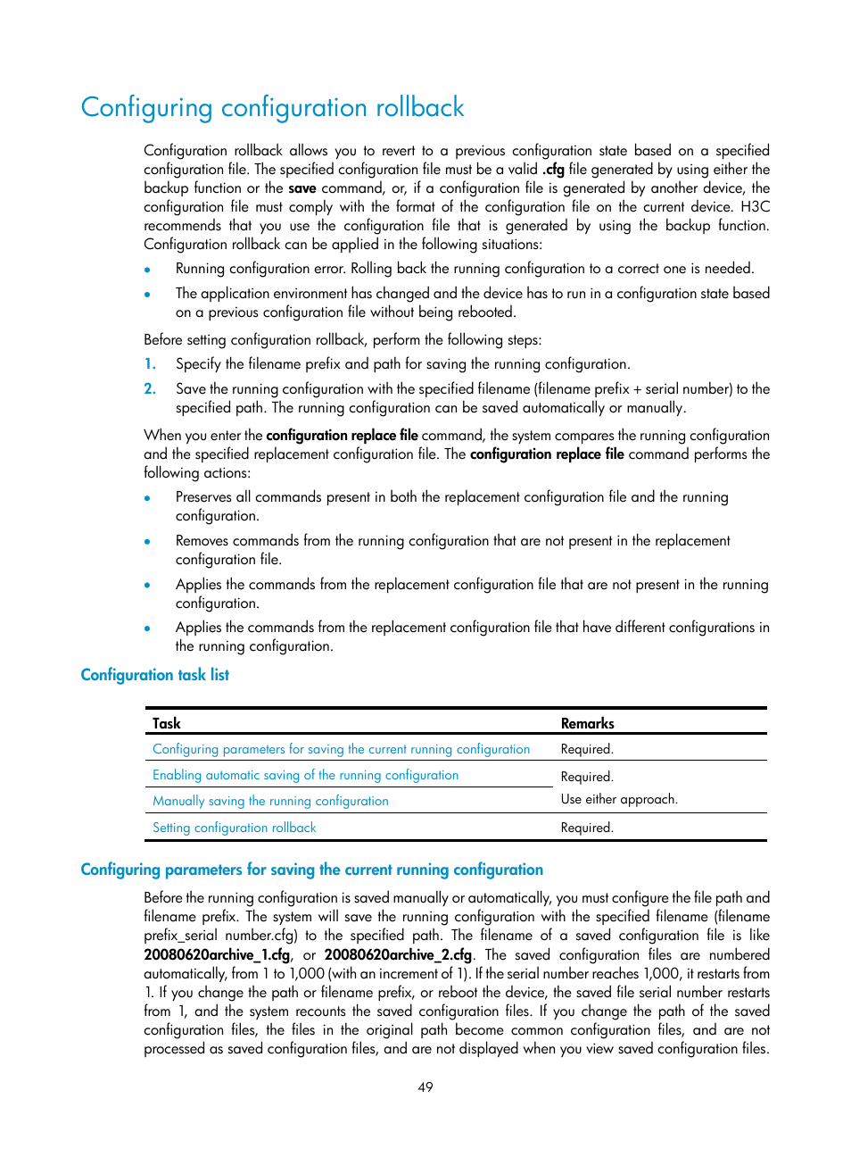 Configuring configuration rollback, Configuration task list | H3C Technologies H3C SecPath F1000-E User Manual | Page 60 / 234