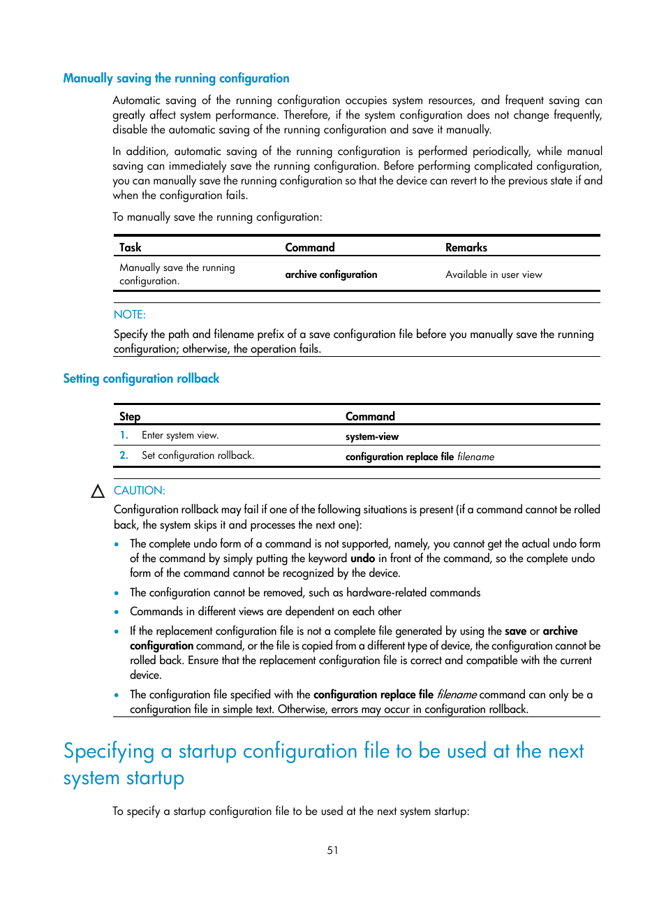 Manually saving the running configuration, Setting configuration rollback | H3C Technologies H3C SecPath F1000-E User Manual | Page 62 / 234