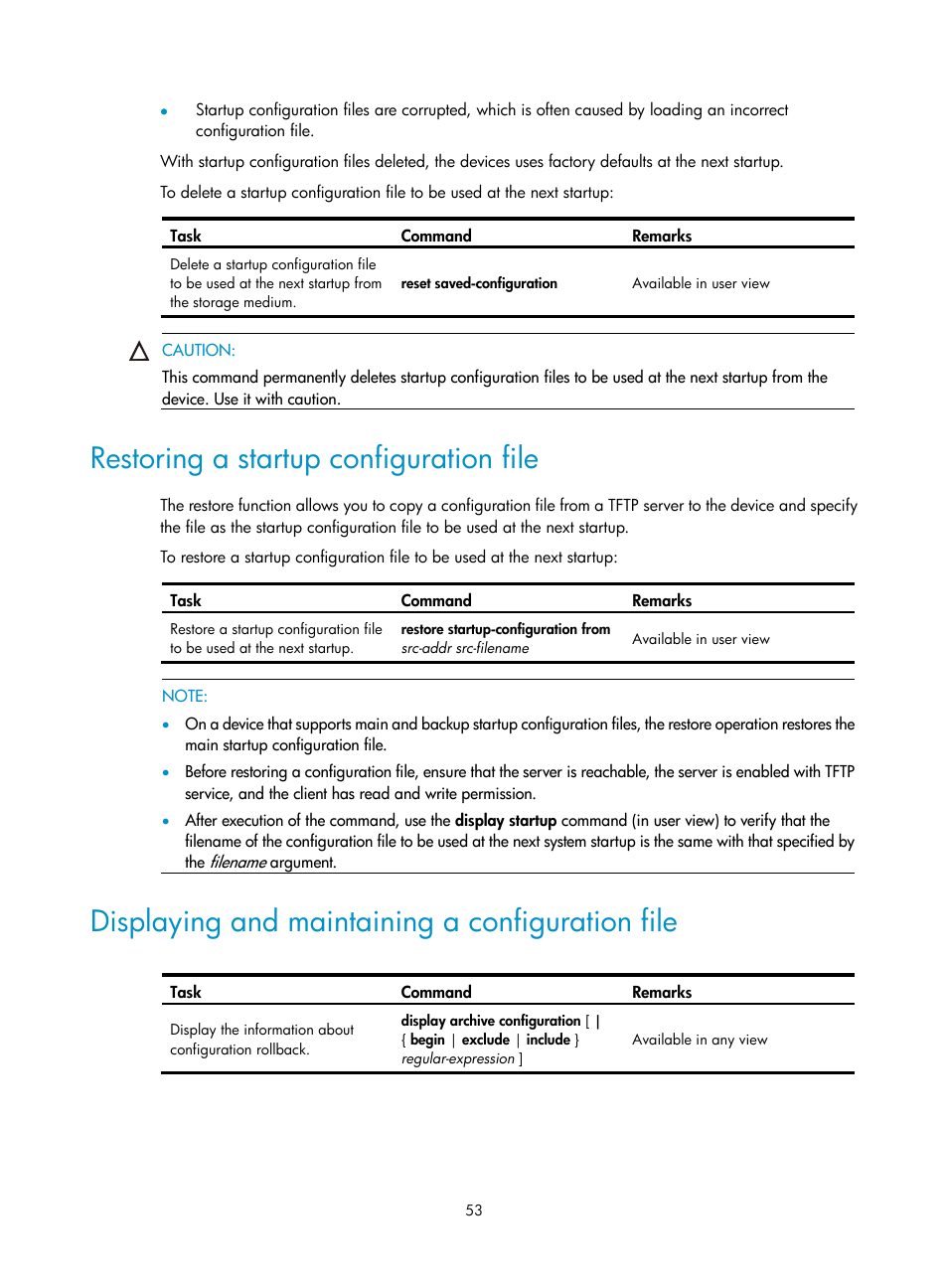 Restoring a startup configuration file, Displaying and maintaining a configuration file | H3C Technologies H3C SecPath F1000-E User Manual | Page 64 / 234