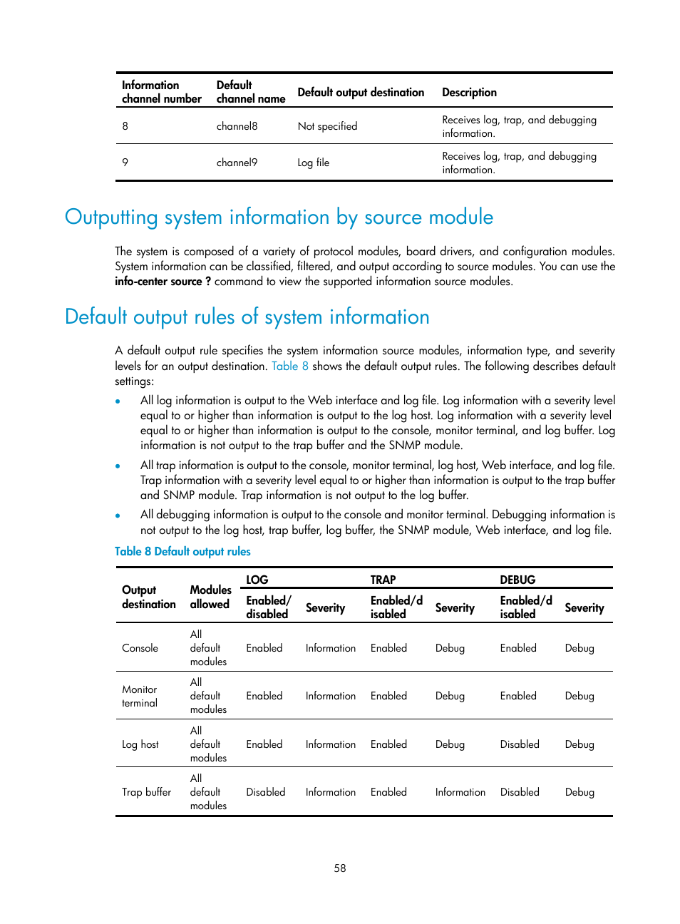 Outputting system information by source module, Default output rules of system information | H3C Technologies H3C SecPath F1000-E User Manual | Page 69 / 234