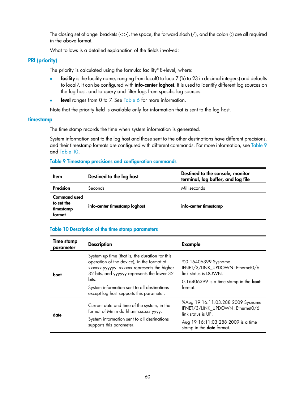 Pri (priority), Timestamp | H3C Technologies H3C SecPath F1000-E User Manual | Page 71 / 234