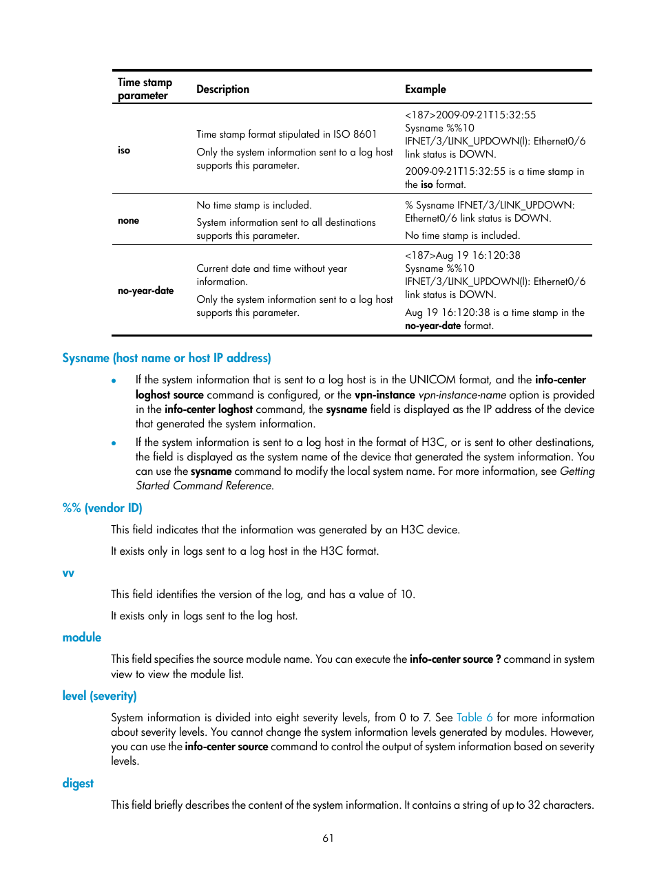 Sysname (host name or host ip address), Vendor id), Module | Level (severity), Digest | H3C Technologies H3C SecPath F1000-E User Manual | Page 72 / 234