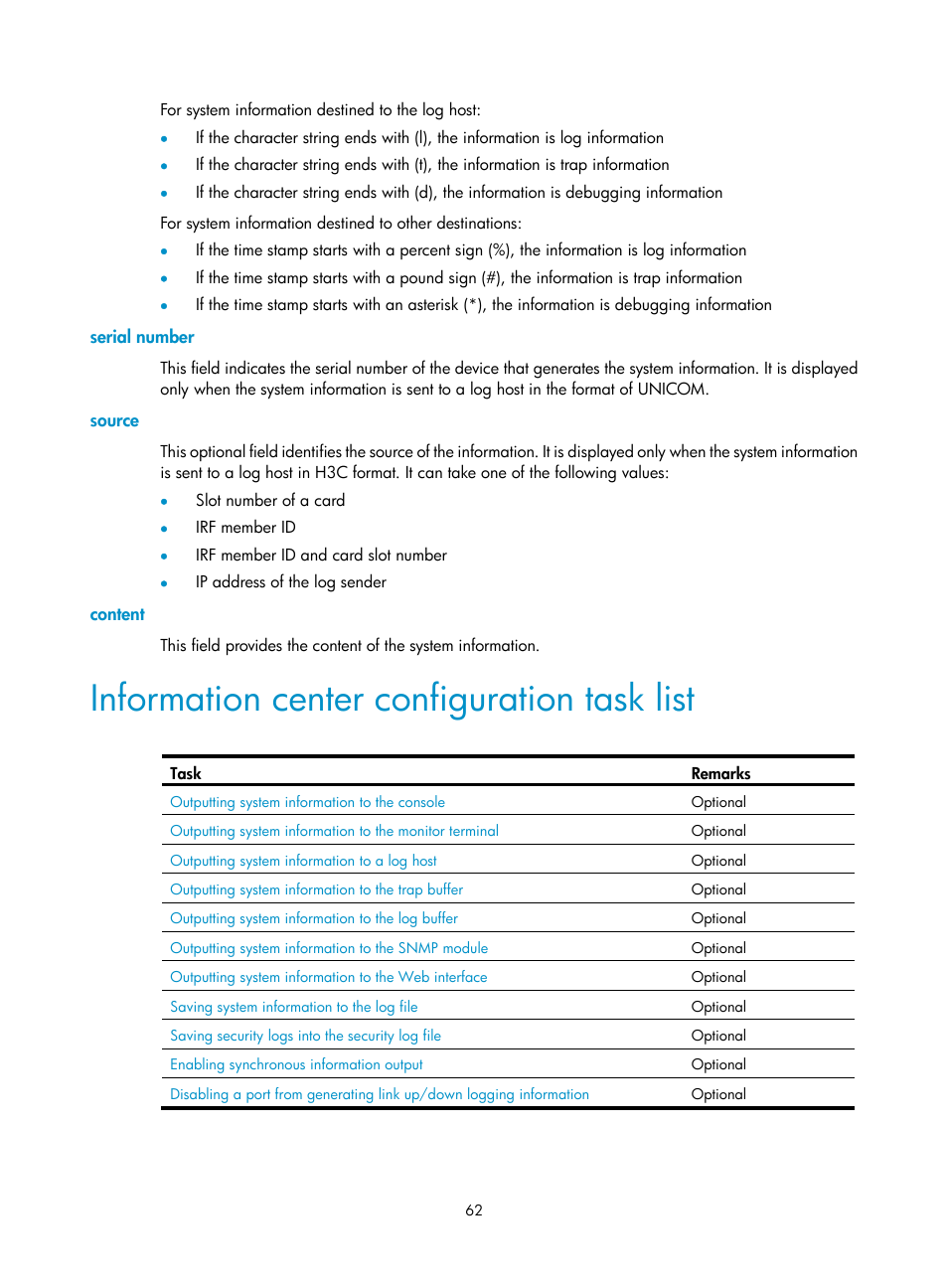 Serial number, Source, Content | Information center configuration task list | H3C Technologies H3C SecPath F1000-E User Manual | Page 73 / 234