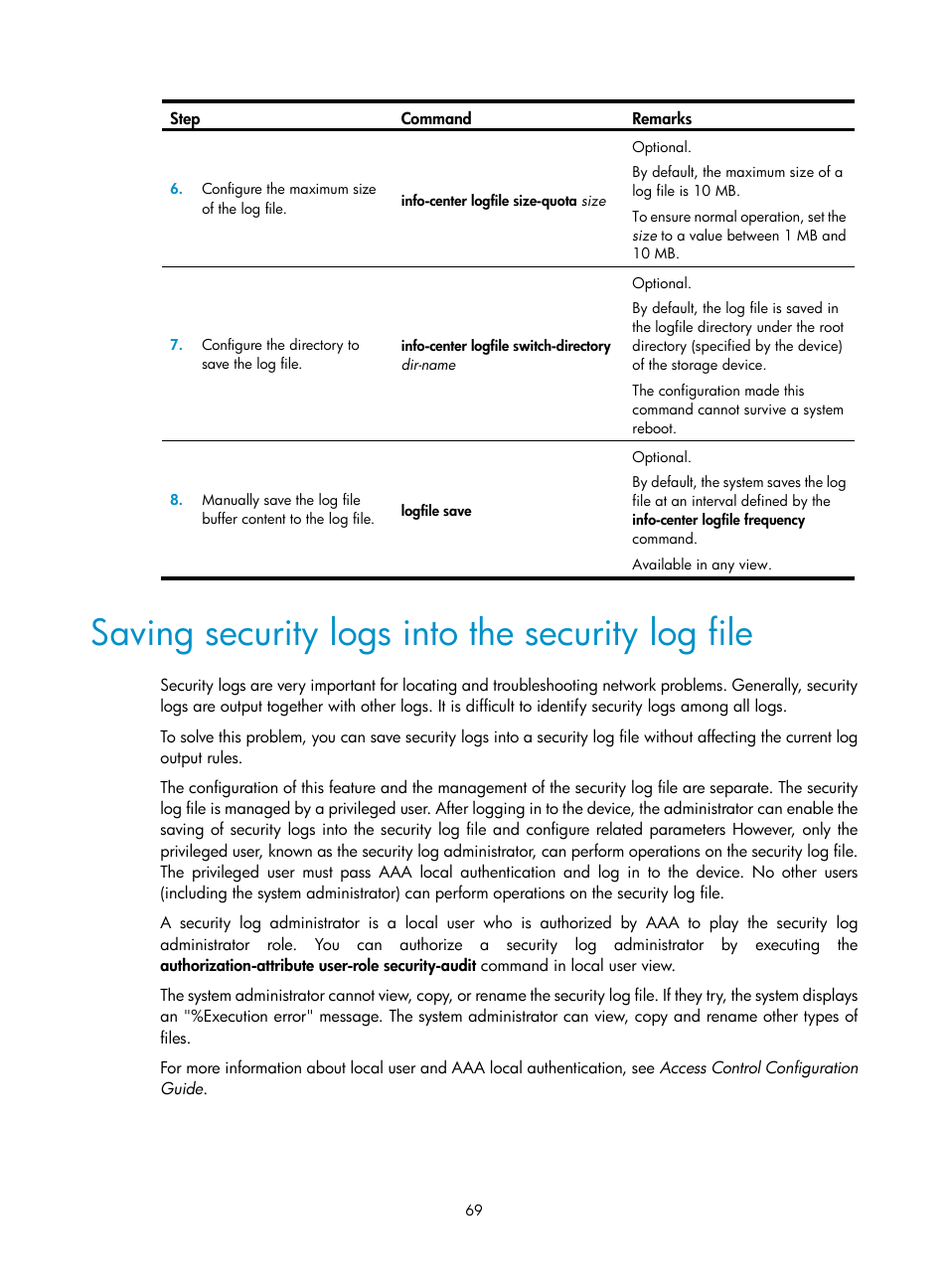 Saving security logs into the security log file | H3C Technologies H3C SecPath F1000-E User Manual | Page 80 / 234