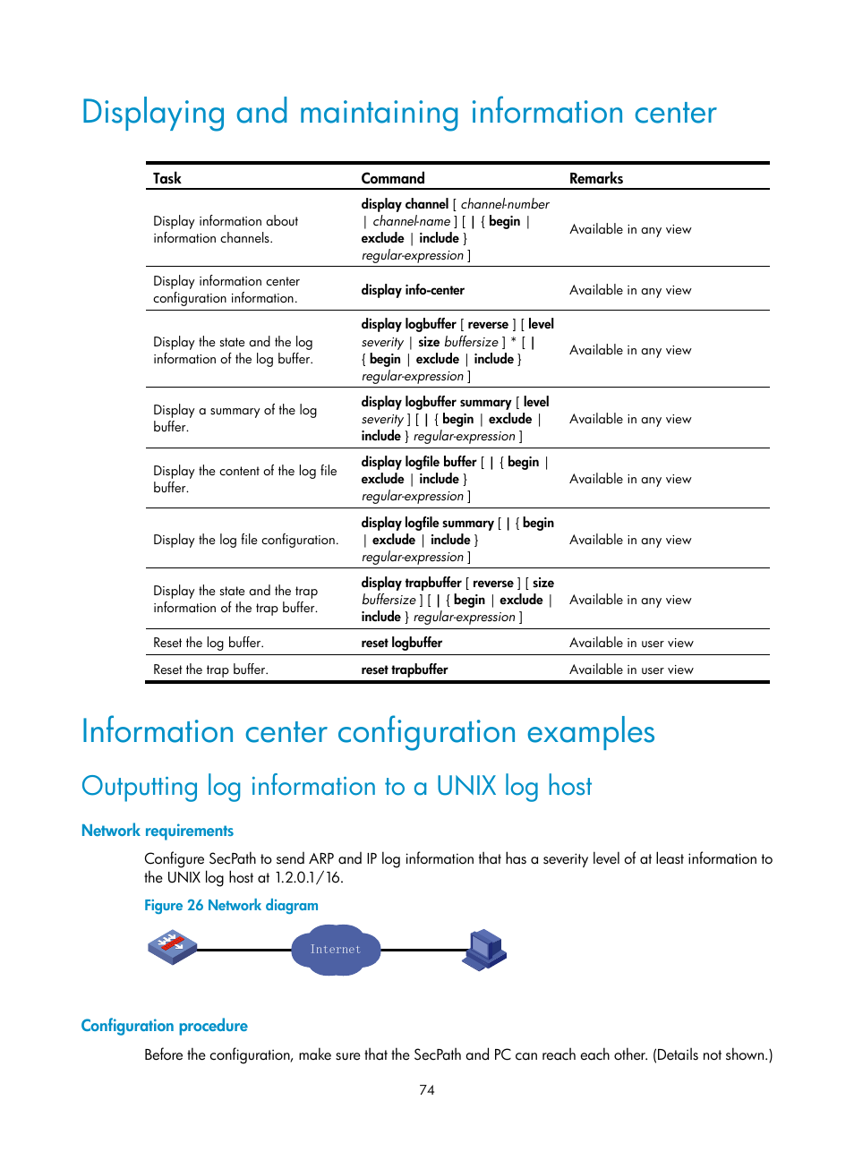 Displaying and maintaining information center, Information center configuration examples, Outputting log information to a unix log host | Network requirements, Configuration procedure | H3C Technologies H3C SecPath F1000-E User Manual | Page 85 / 234