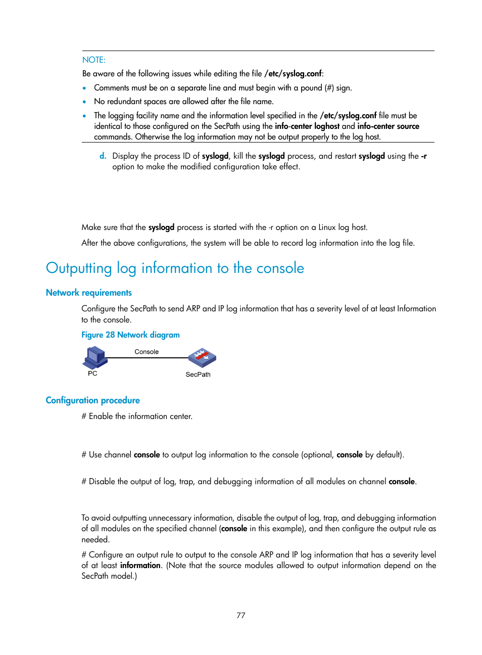 Outputting log information to the console, Network requirements, Configuration procedure | H3C Technologies H3C SecPath F1000-E User Manual | Page 88 / 234