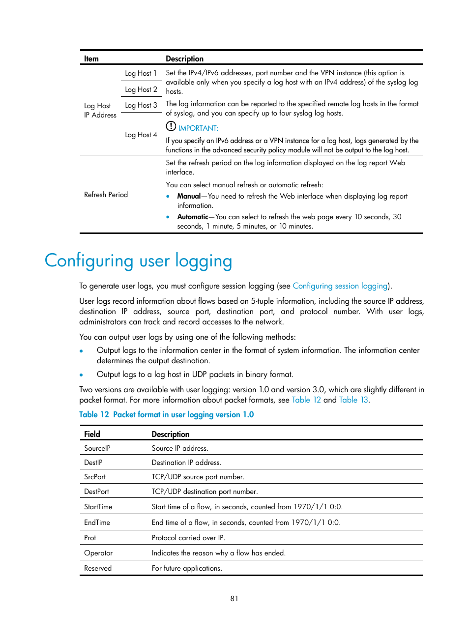 Configuring user logging | H3C Technologies H3C SecPath F1000-E User Manual | Page 92 / 234