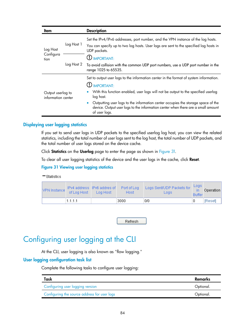 Displaying user logging statistics, Configuring user logging at the cli, User logging configuration task list | H3C Technologies H3C SecPath F1000-E User Manual | Page 95 / 234