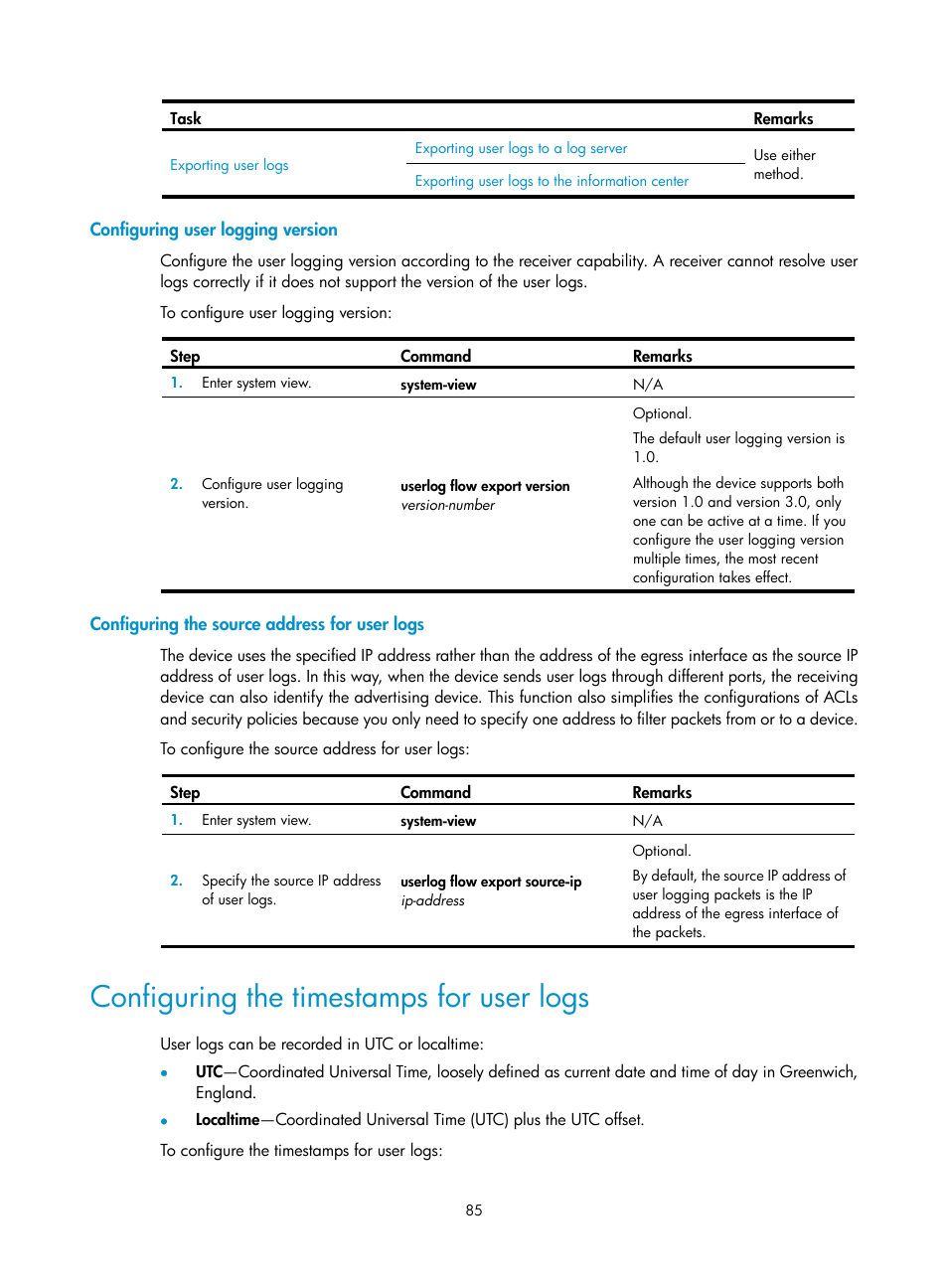 Configuring user logging version, Configuring the source address for user logs, Configuring the timestamps for user logs | H3C Technologies H3C SecPath F1000-E User Manual | Page 96 / 234