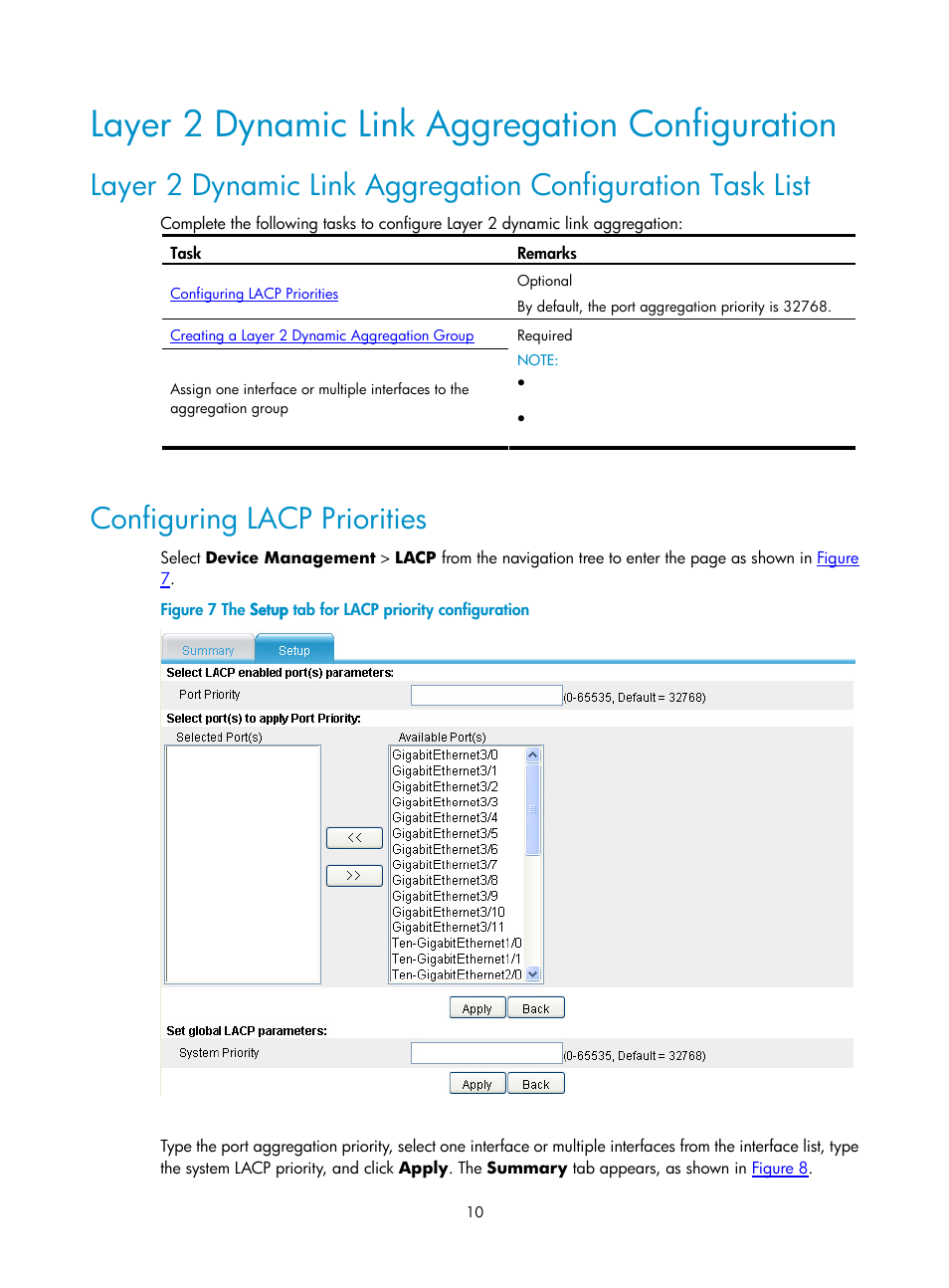 Layer 2 dynamic link aggregation configuration, Configuring lacp priorities | H3C Technologies H3C SecPath F1000-E User Manual | Page 100 / 938