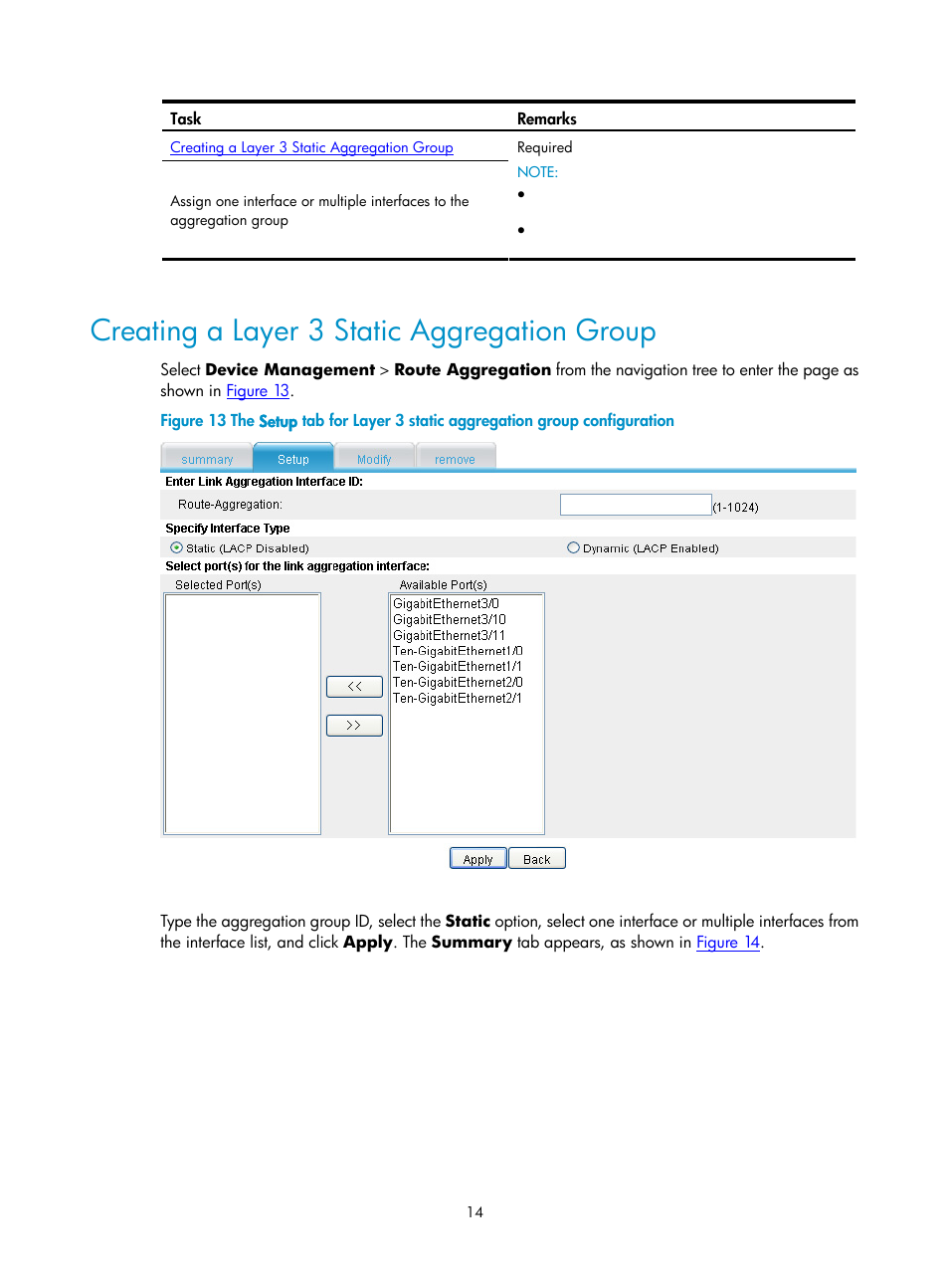 Creating a layer 3 static aggregation group | H3C Technologies H3C SecPath F1000-E User Manual | Page 104 / 938