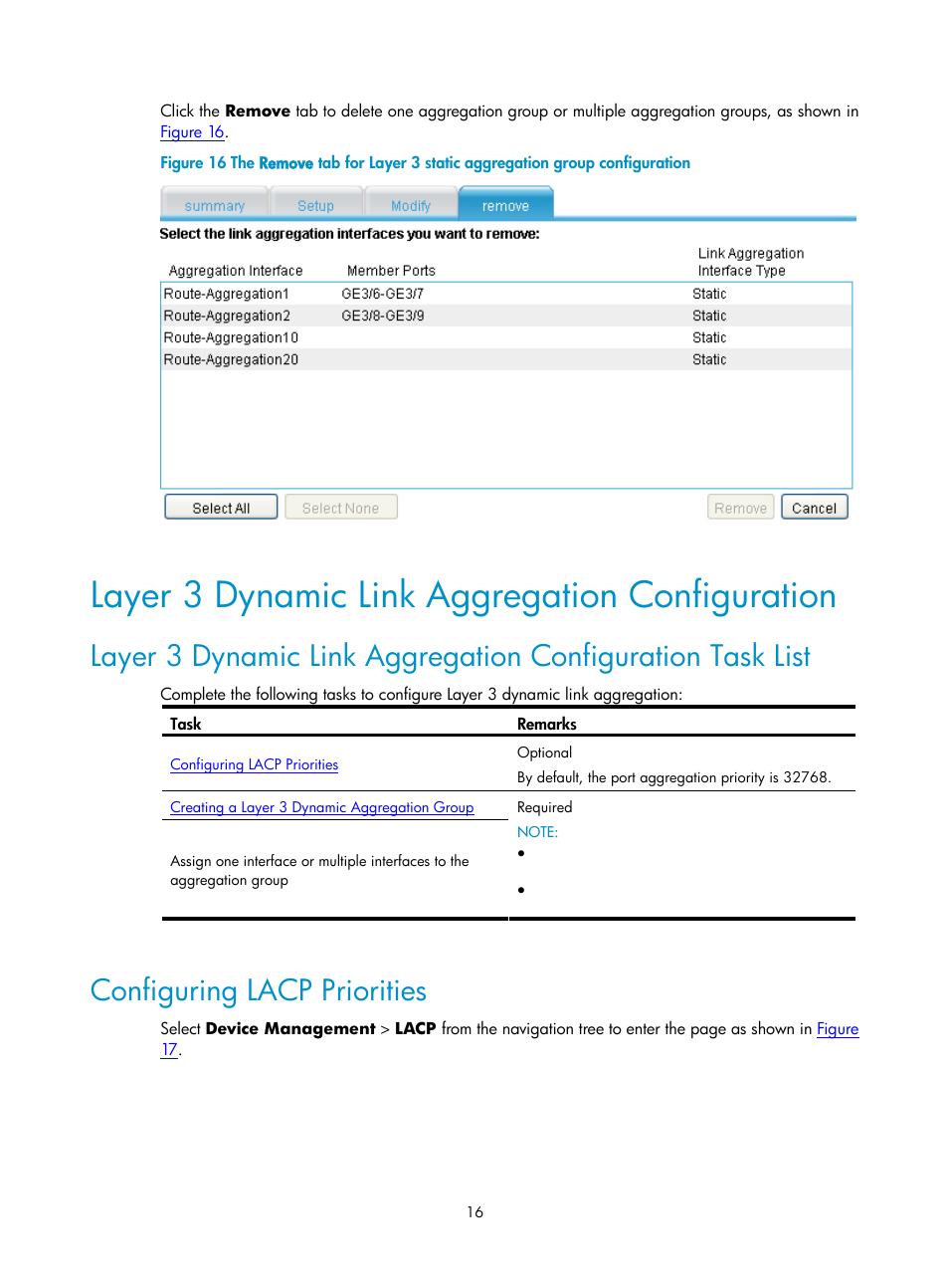 Layer 3 dynamic link aggregation configuration, Configuring lacp priorities | H3C Technologies H3C SecPath F1000-E User Manual | Page 106 / 938