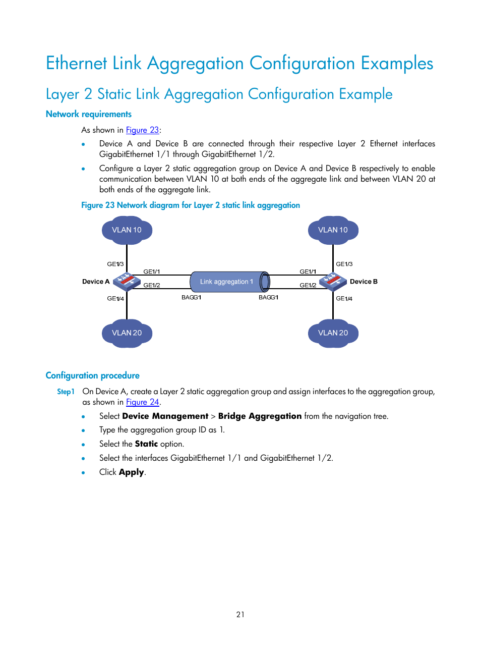 Ethernet link aggregation configuration examples, Network requirements, Configuration procedure | H3C Technologies H3C SecPath F1000-E User Manual | Page 111 / 938