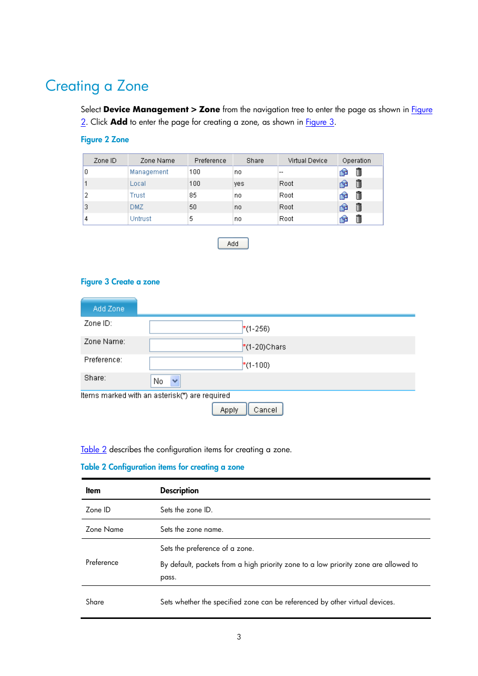 Creating a zone | H3C Technologies H3C SecPath F1000-E User Manual | Page 127 / 938