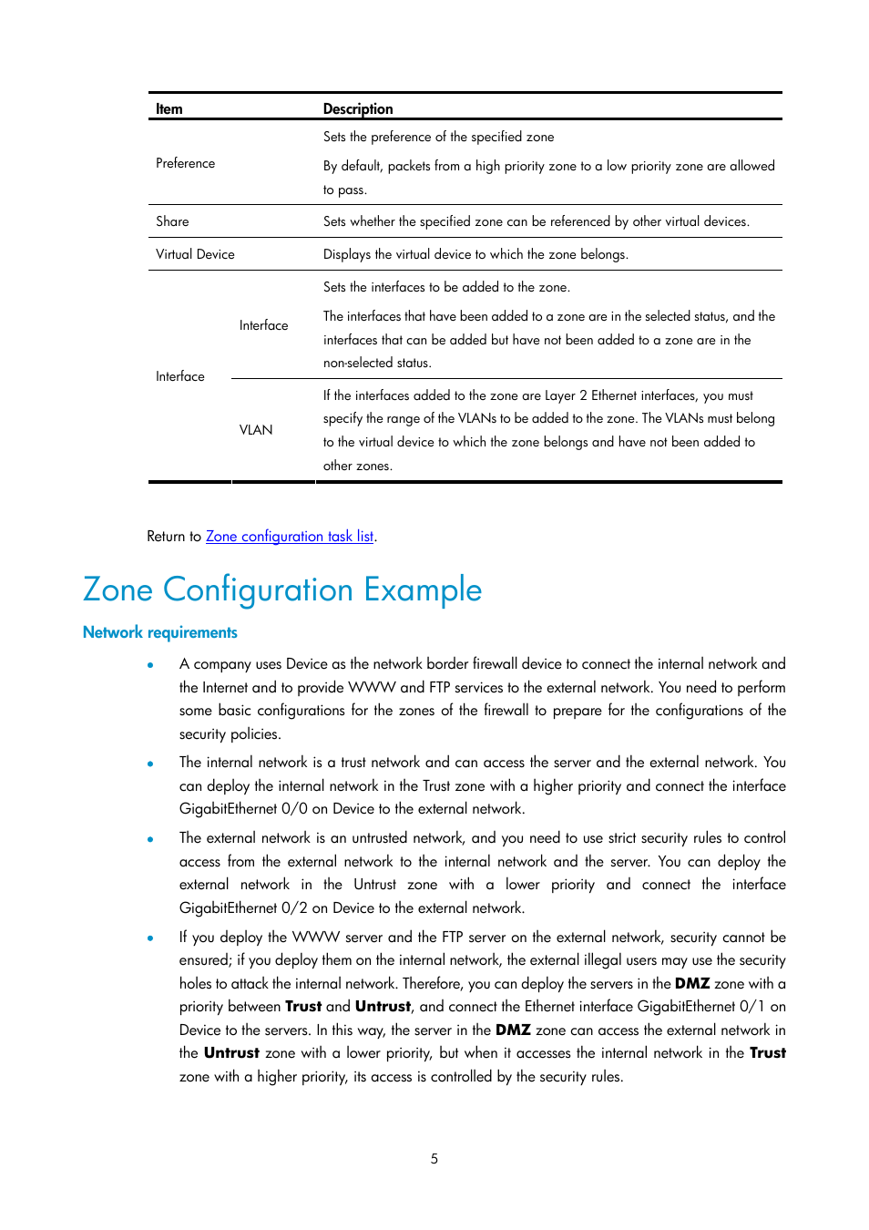 Zone configuration example, Network requirements | H3C Technologies H3C SecPath F1000-E User Manual | Page 129 / 938