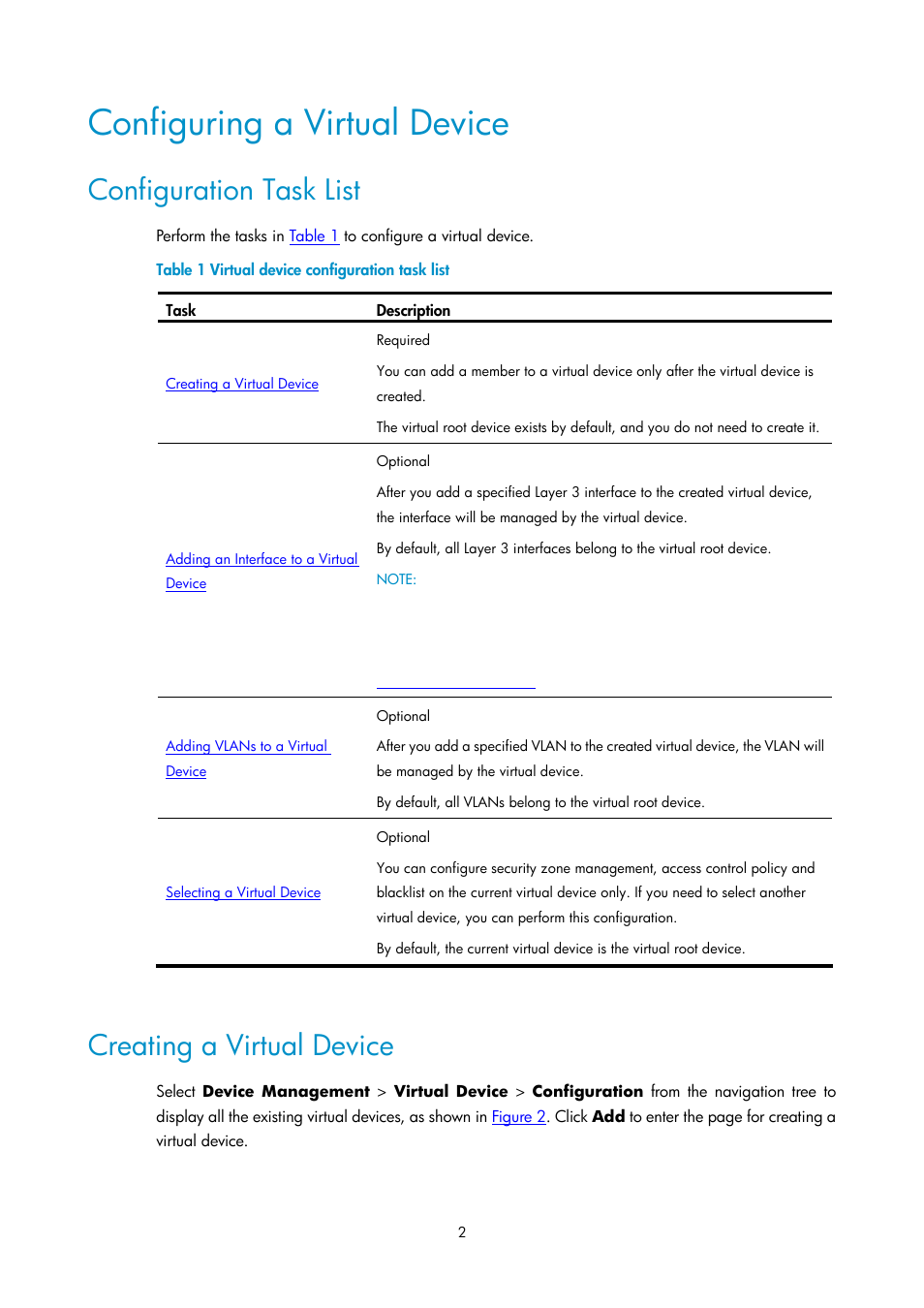 Configuring a virtual device, Configuration task list, Creating a virtual device | Note | H3C Technologies H3C SecPath F1000-E User Manual | Page 136 / 938