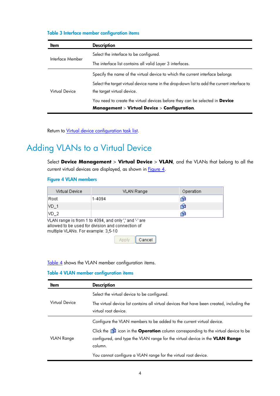 Adding vlans to a virtual device, Table 3 | H3C Technologies H3C SecPath F1000-E User Manual | Page 138 / 938