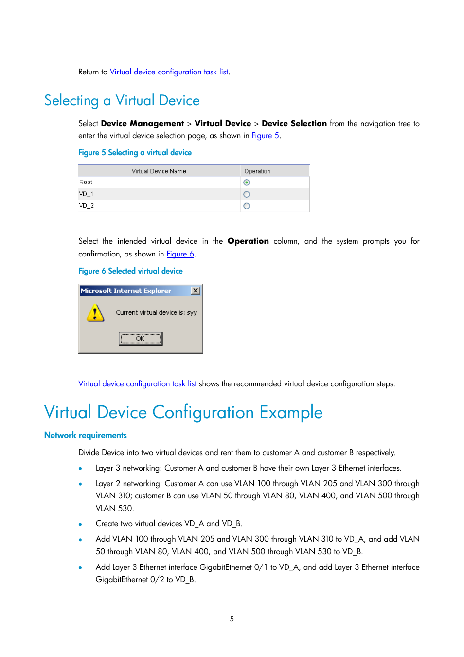 Selecting a virtual device, Virtual device configuration example, Network requirements | H3C Technologies H3C SecPath F1000-E User Manual | Page 139 / 938