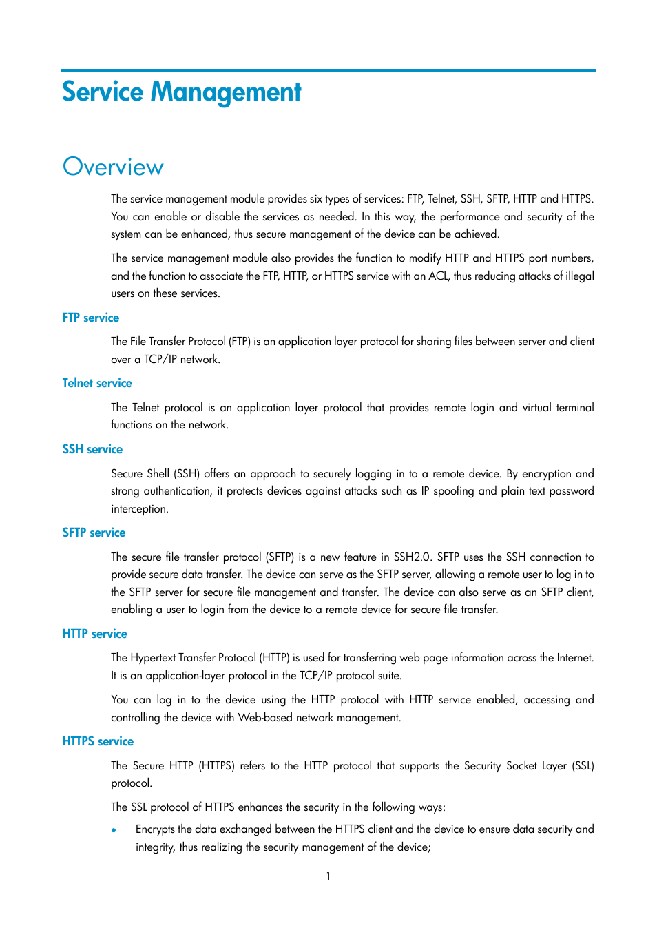 Service management, Overview, Ftp service | Telnet service, Ssh service, Sftp service, Http service, Https service | H3C Technologies H3C SecPath F1000-E User Manual | Page 148 / 938