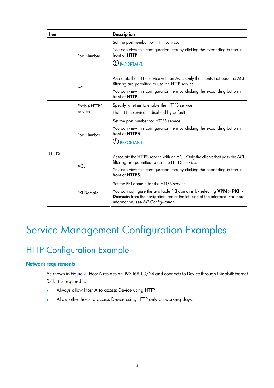 Service management configuration examples, Http configuration example, Network requirements | H3C Technologies H3C SecPath F1000-E User Manual | Page 150 / 938