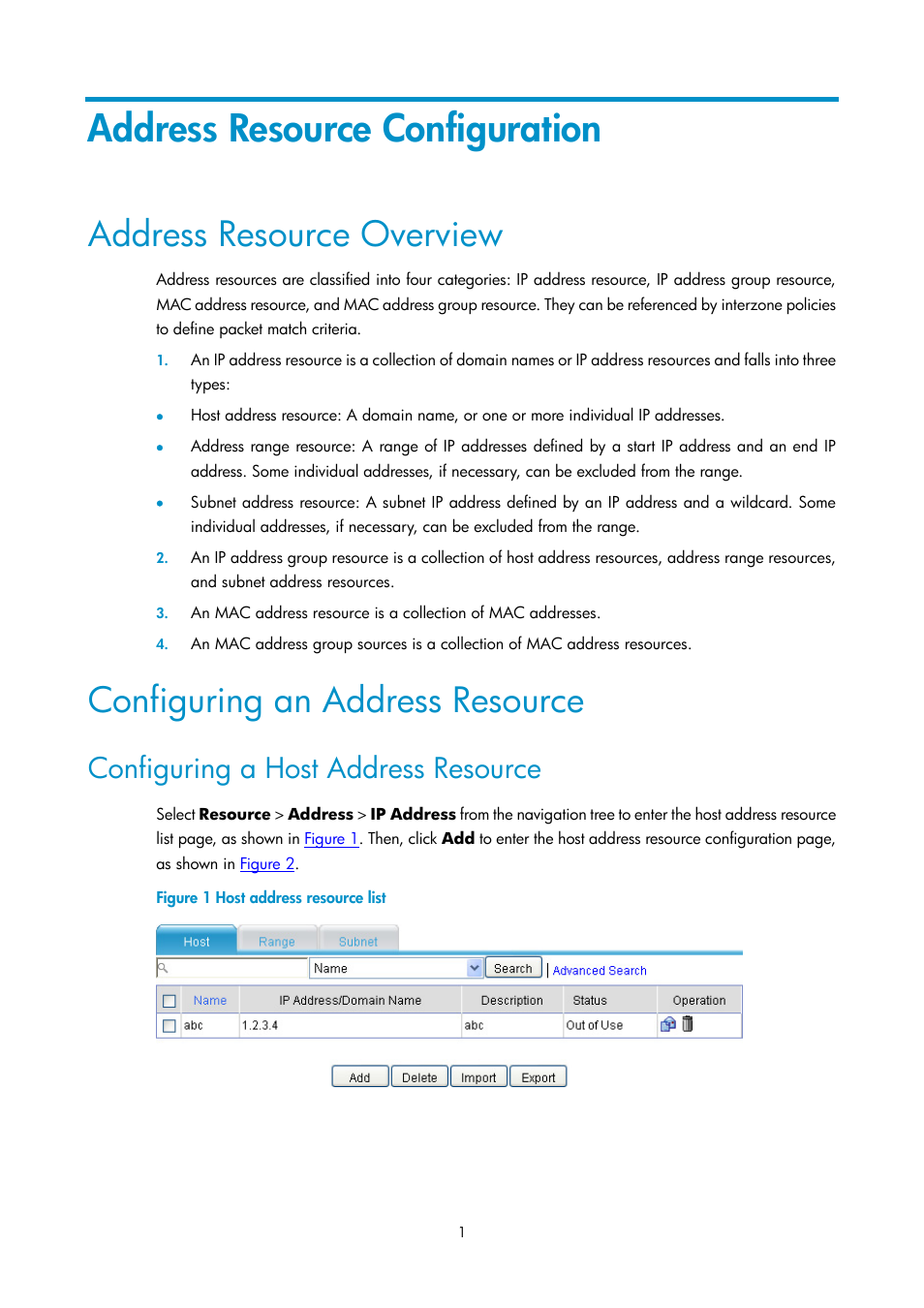 Address resource configuration, Address resource overview, Configuring an address resource | Configuring a host address resource | H3C Technologies H3C SecPath F1000-E User Manual | Page 166 / 938