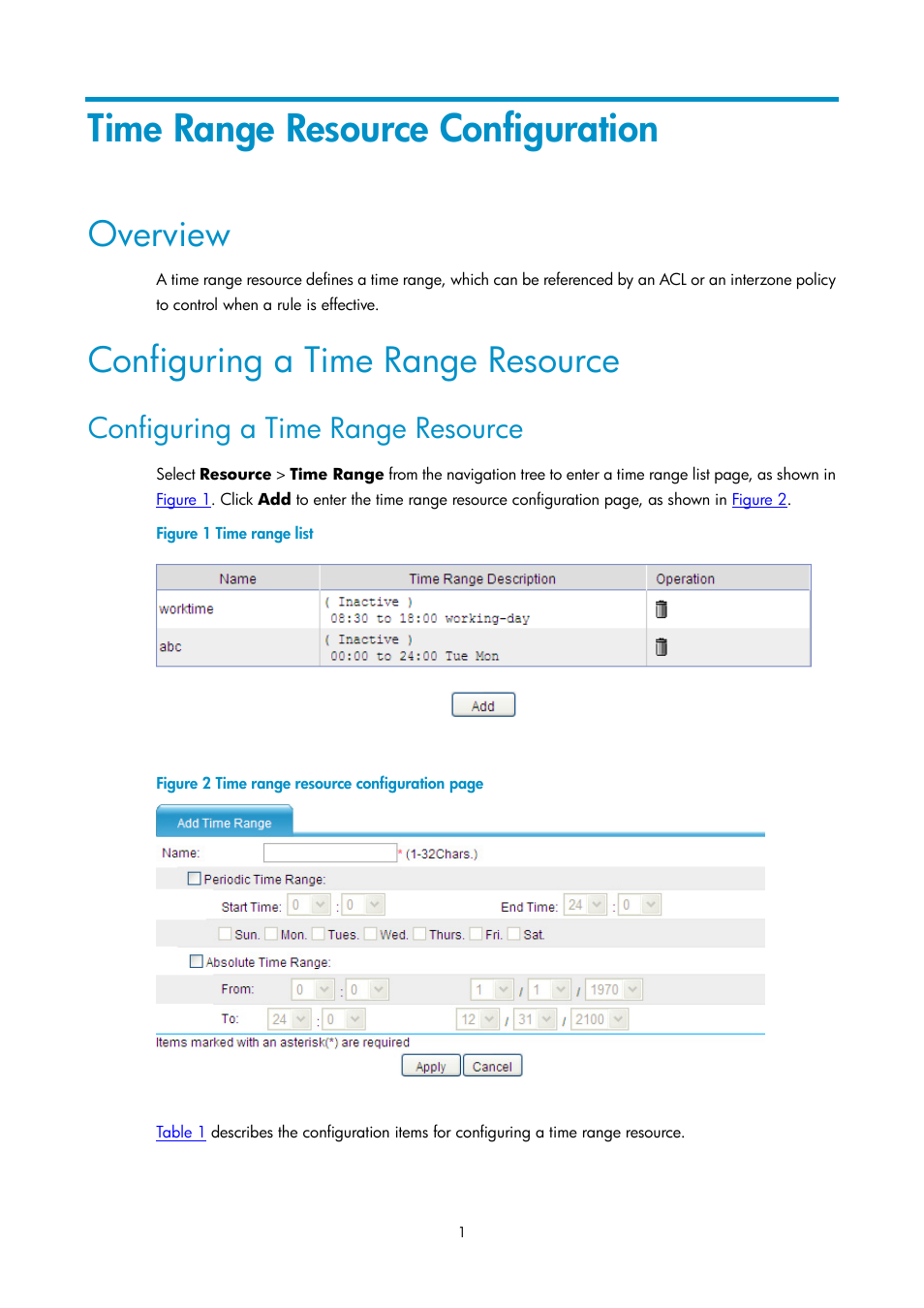 Time range resource configuration, Overview, Configuring a time range resource | H3C Technologies H3C SecPath F1000-E User Manual | Page 183 / 938