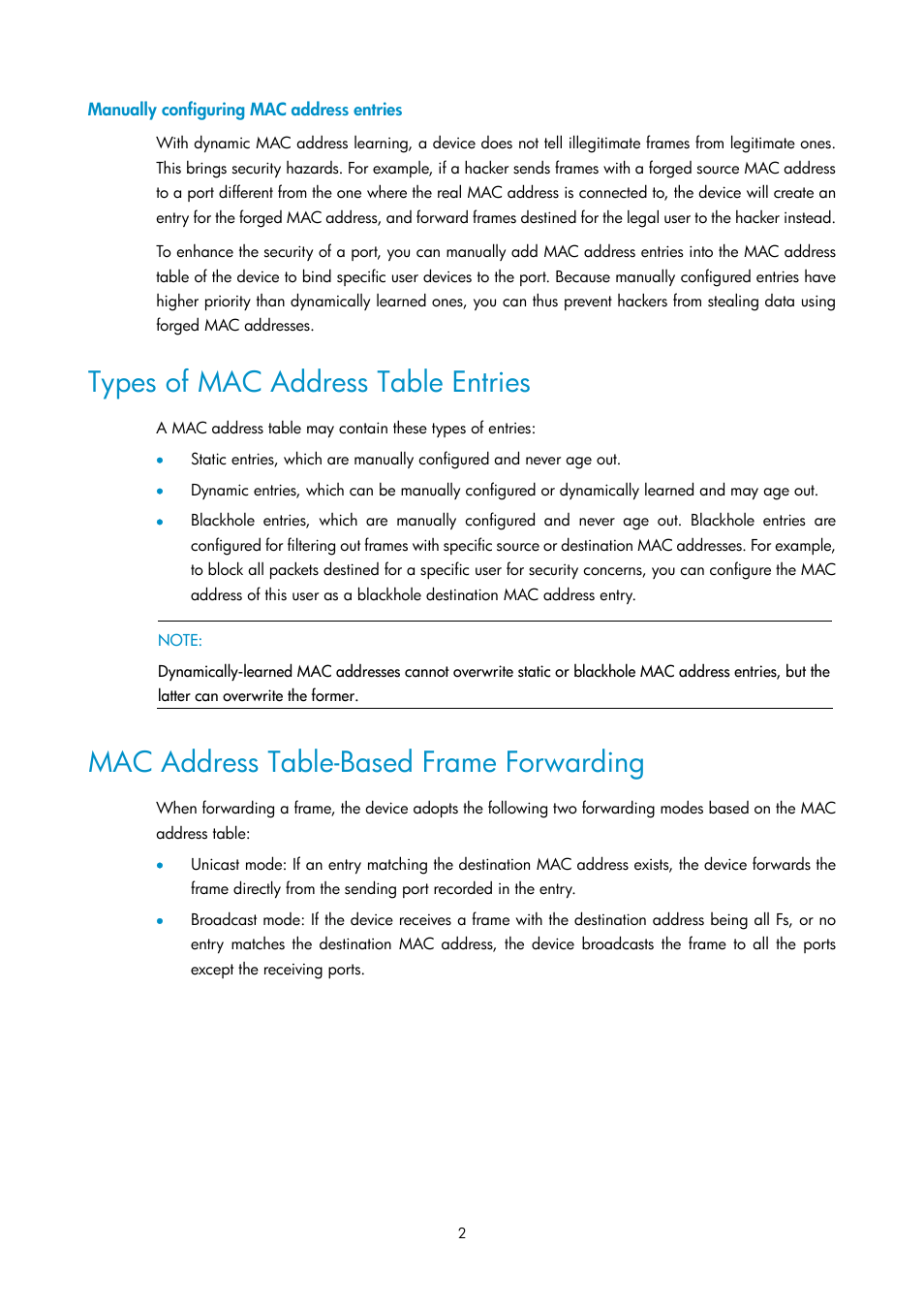Manually configuring mac address entries, Types of mac address table entries, Mac address table-based frame forwarding | H3C Technologies H3C SecPath F1000-E User Manual | Page 187 / 938