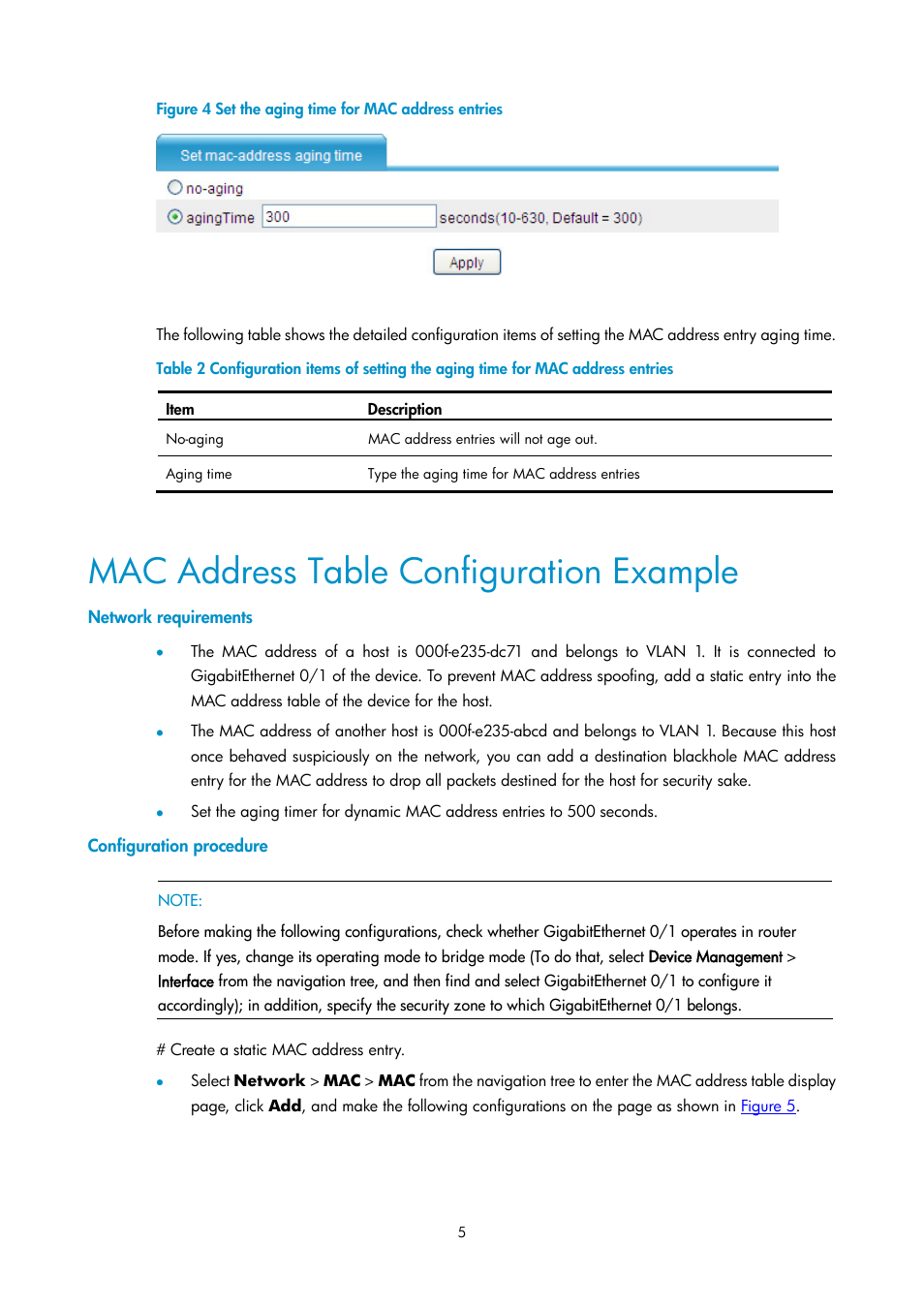 Mac address table configuration example, Network requirements, Configuration procedure | H3C Technologies H3C SecPath F1000-E User Manual | Page 190 / 938