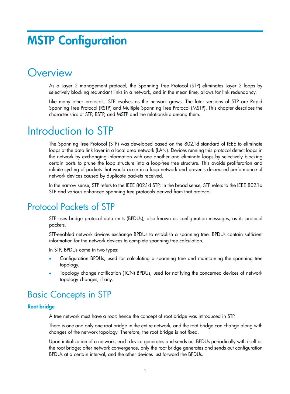 Mstp configuration, Overview, Introduction to stp | Protocol packets of stp, Basic concepts in stp, Root bridge | H3C Technologies H3C SecPath F1000-E User Manual | Page 194 / 938