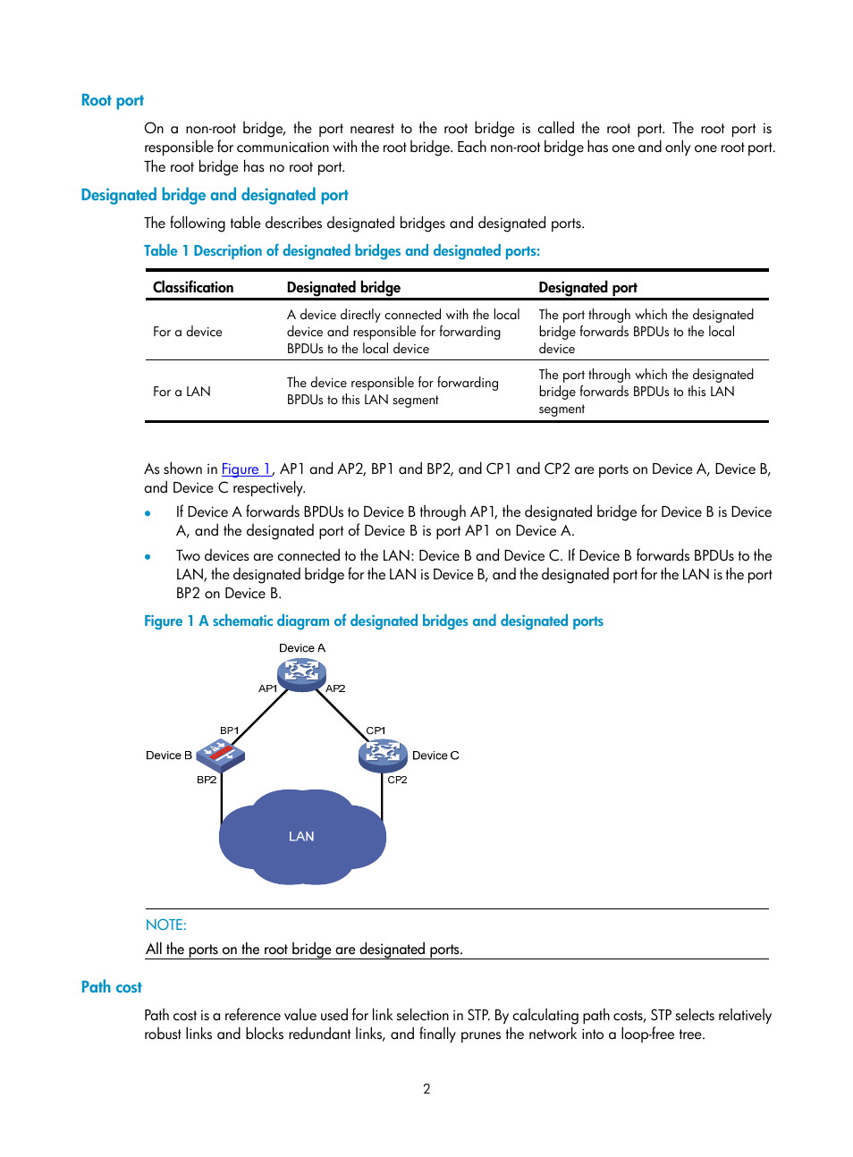 Root port, Designated bridge and designated port, Path cost | H3C Technologies H3C SecPath F1000-E User Manual | Page 195 / 938