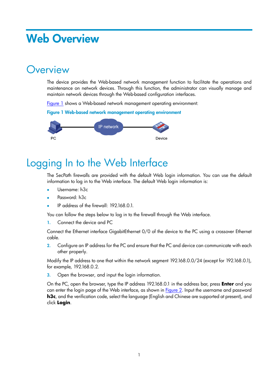Web overview, Overview, Logging in to the web interface | H3C Technologies H3C SecPath F1000-E User Manual | Page 2 / 938