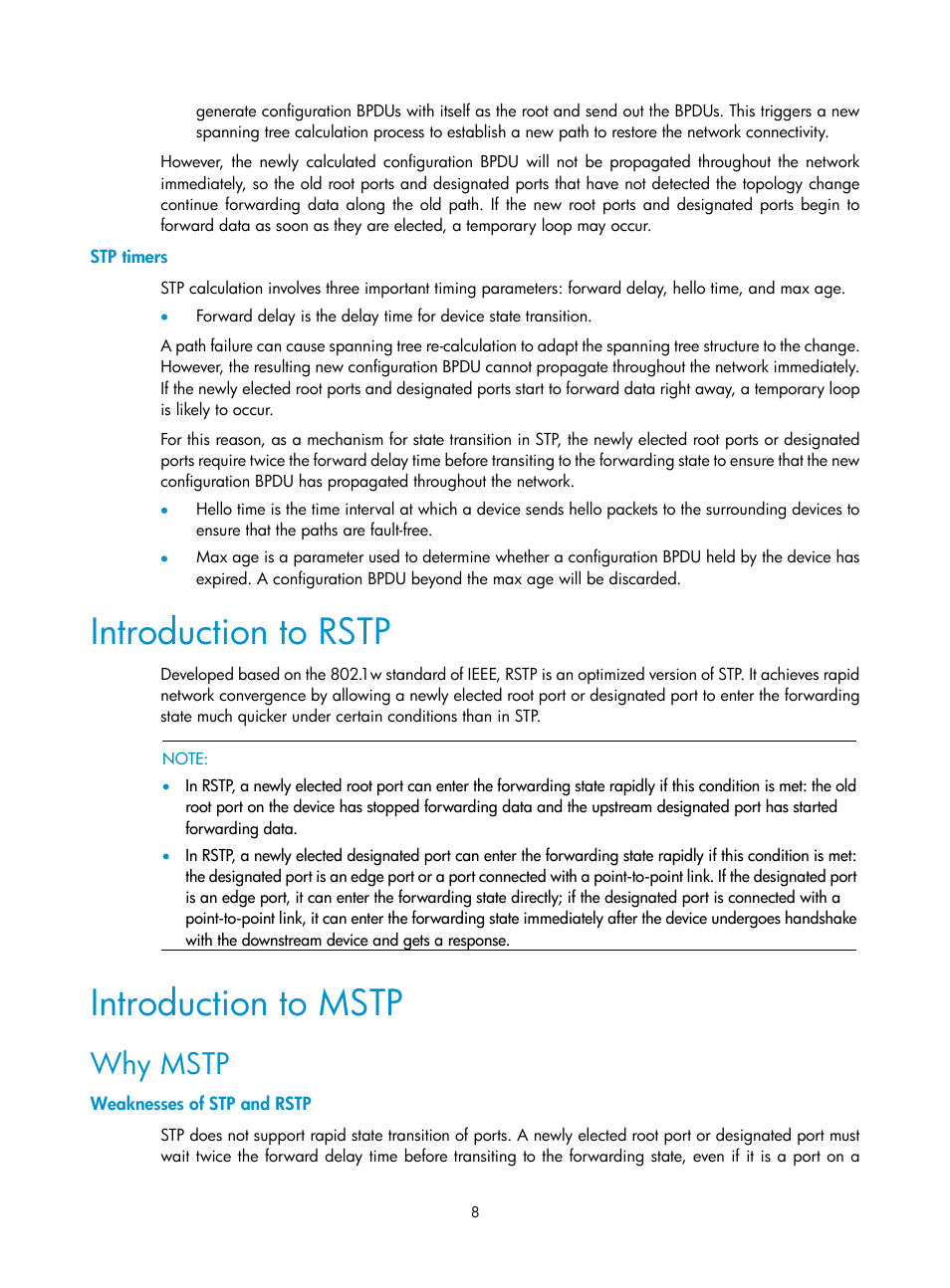 Stp timers, Introduction to rstp, Introduction to mstp | Why mstp, Weaknesses of stp and rstp | H3C Technologies H3C SecPath F1000-E User Manual | Page 201 / 938