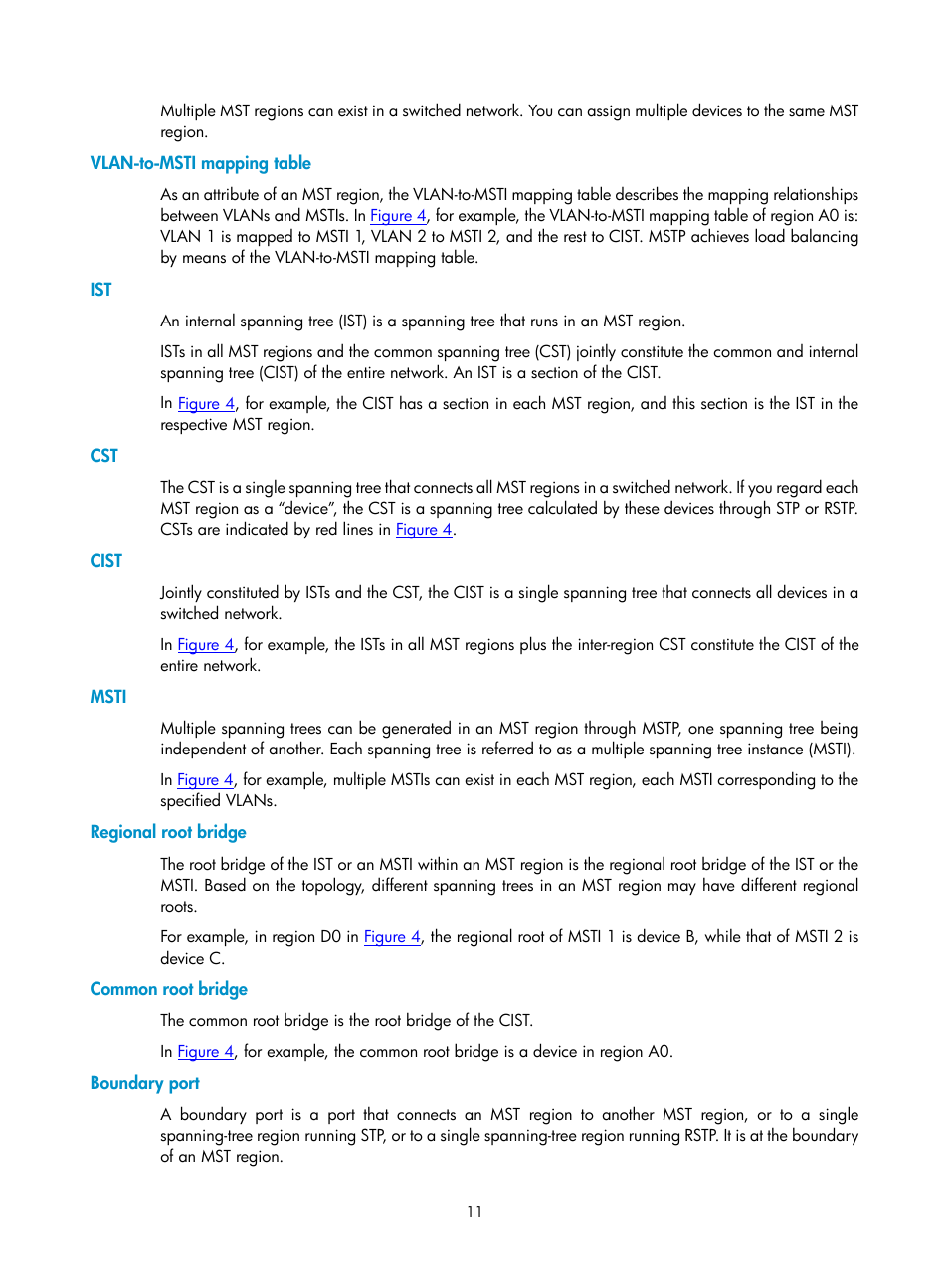 Vlan-to-msti mapping table, Cist, Msti | Regional root bridge, Common root bridge, Boundary port | H3C Technologies H3C SecPath F1000-E User Manual | Page 204 / 938