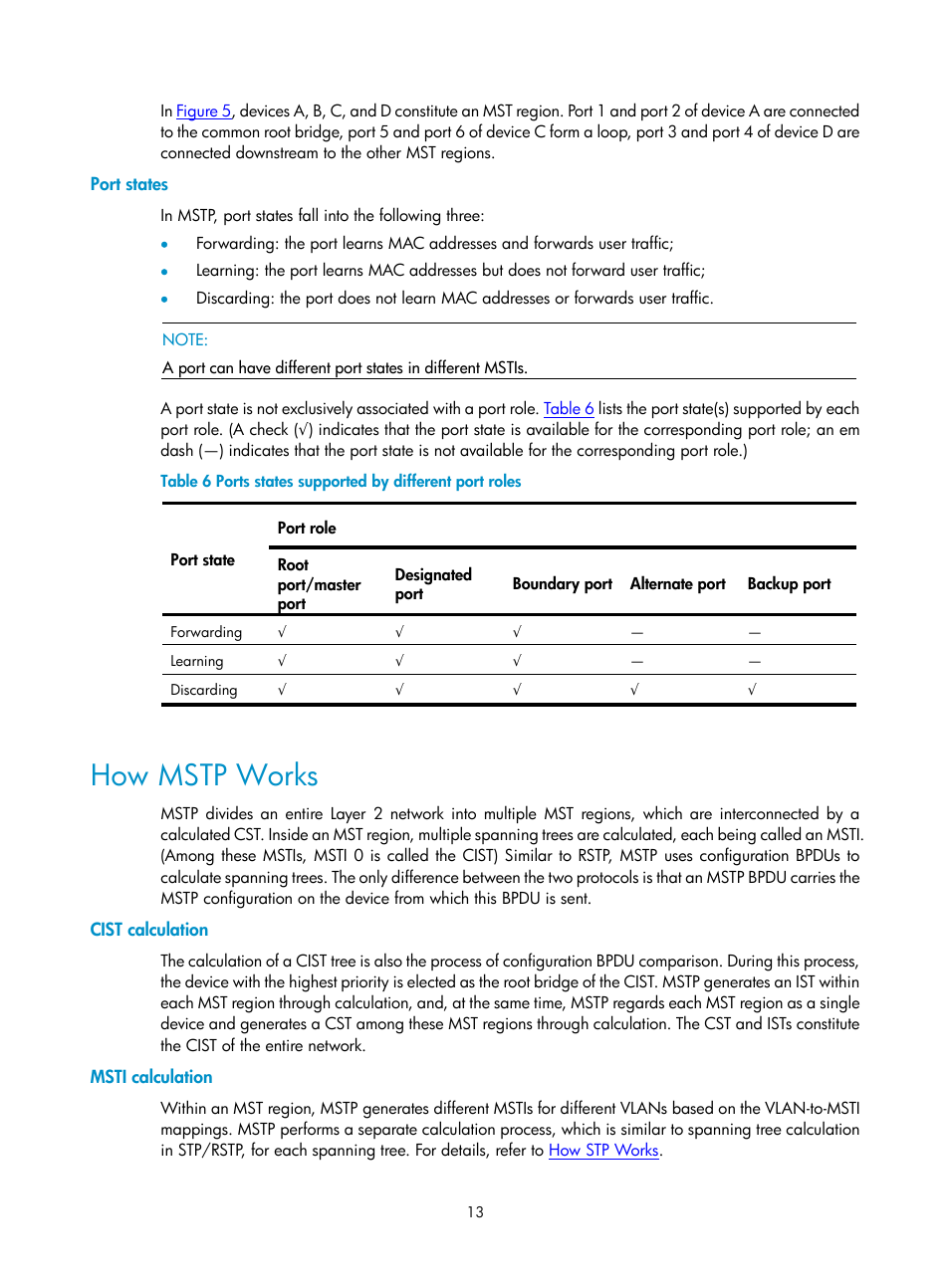 Port states, How mstp works, Cist calculation | Msti calculation | H3C Technologies H3C SecPath F1000-E User Manual | Page 206 / 938