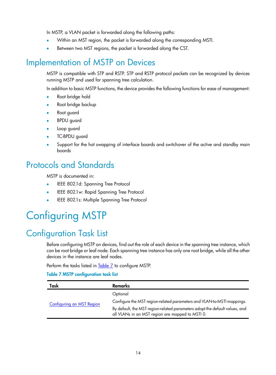 Implementation of mstp on devices, Protocols and standards, Configuring mstp | Configuration task list | H3C Technologies H3C SecPath F1000-E User Manual | Page 207 / 938