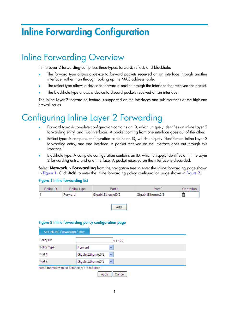 Inline forwarding configuration, Inline forwarding overview, Configuring inline layer 2 forwarding | H3C Technologies H3C SecPath F1000-E User Manual | Page 223 / 938