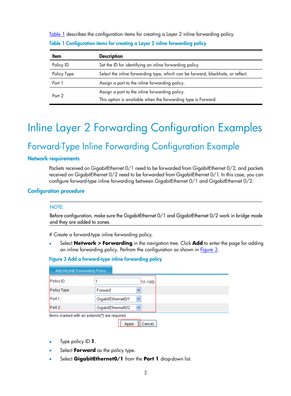 Inline layer 2 forwarding configuration examples, Network requirements, Configuration procedure | H3C Technologies H3C SecPath F1000-E User Manual | Page 224 / 938