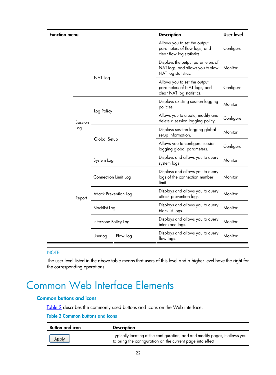 Common web interface elements, Common buttons and icons | H3C Technologies H3C SecPath F1000-E User Manual | Page 23 / 938