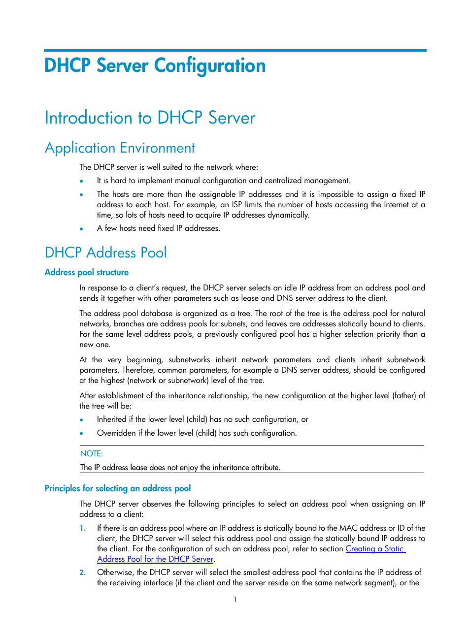 Dhcp server configuration, Introduction to dhcp server, Application environment | Dhcp address pool, Address pool structure, Principles for selecting an address pool | H3C Technologies H3C SecPath F1000-E User Manual | Page 232 / 938