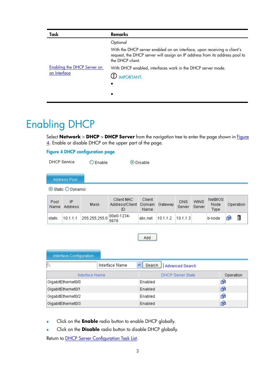 Enabling dhcp | H3C Technologies H3C SecPath F1000-E User Manual | Page 234 / 938