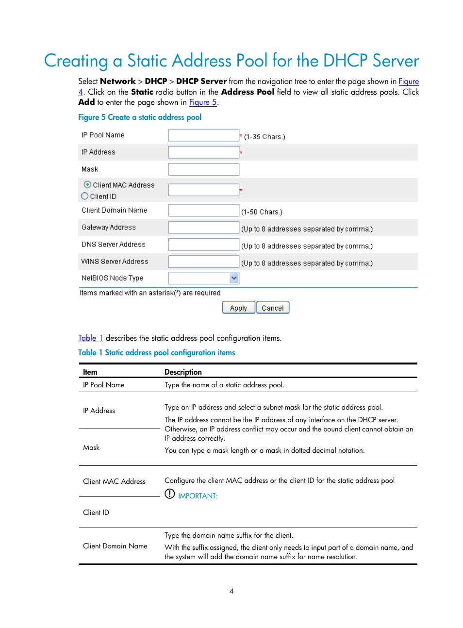 Creating a static address pool for the dhcp server | H3C Technologies H3C SecPath F1000-E User Manual | Page 235 / 938