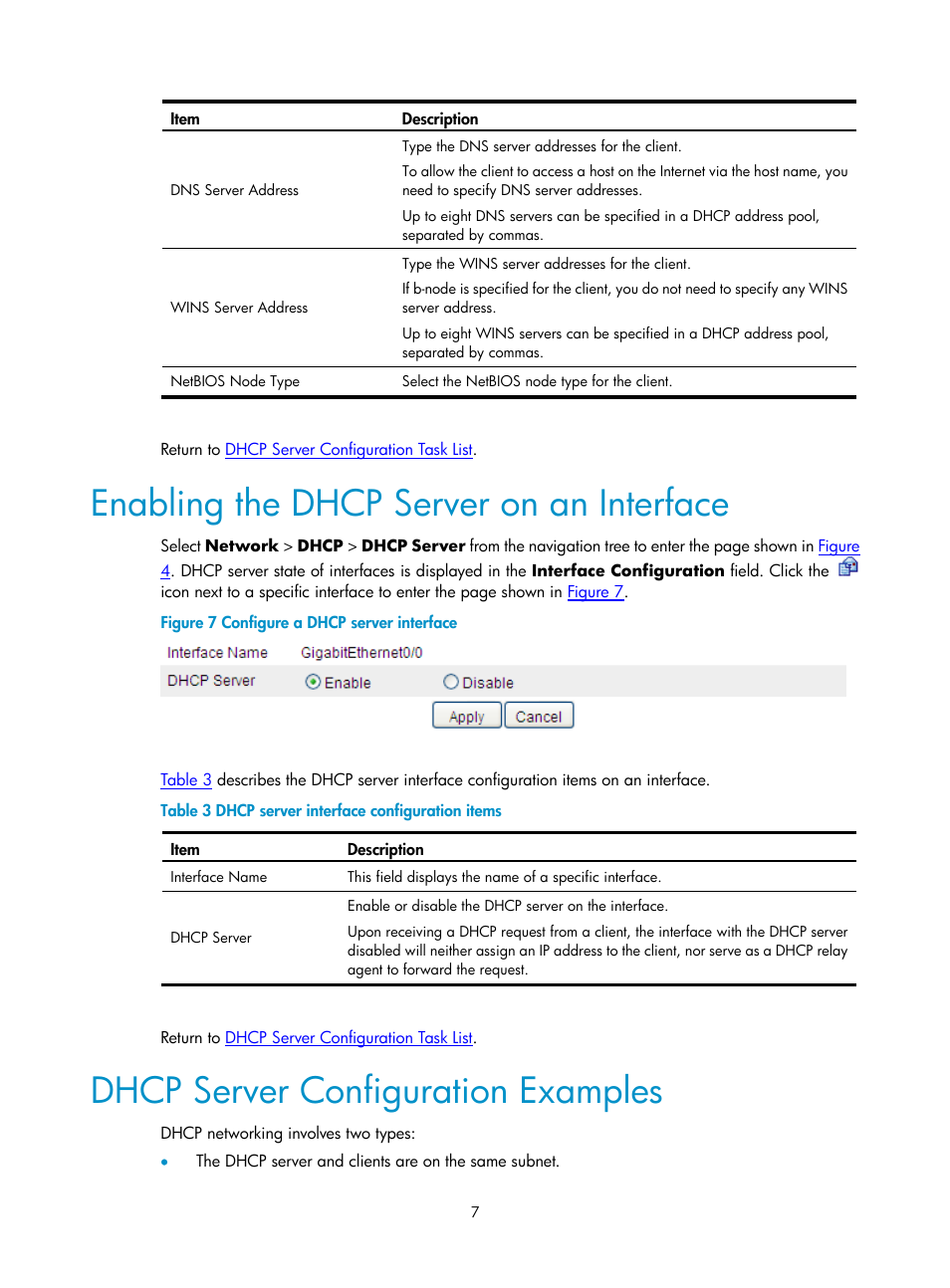Enabling the dhcp server on an interface, Dhcp server configuration examples | H3C Technologies H3C SecPath F1000-E User Manual | Page 238 / 938